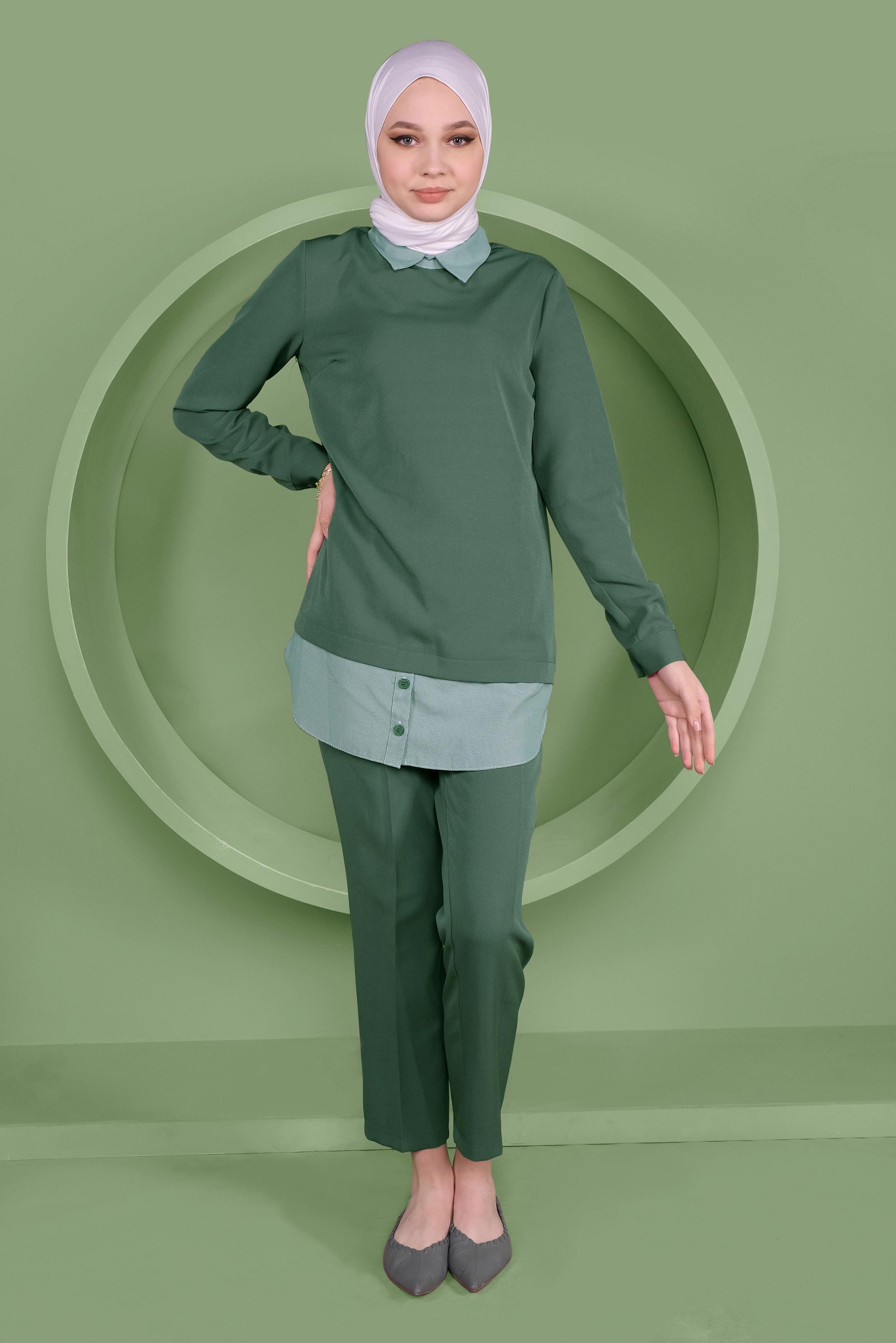 Tesettür giyim YEŞİL DÜĞMELİ ERKEK YAKA PANTOLONLU TAKIM 41380 