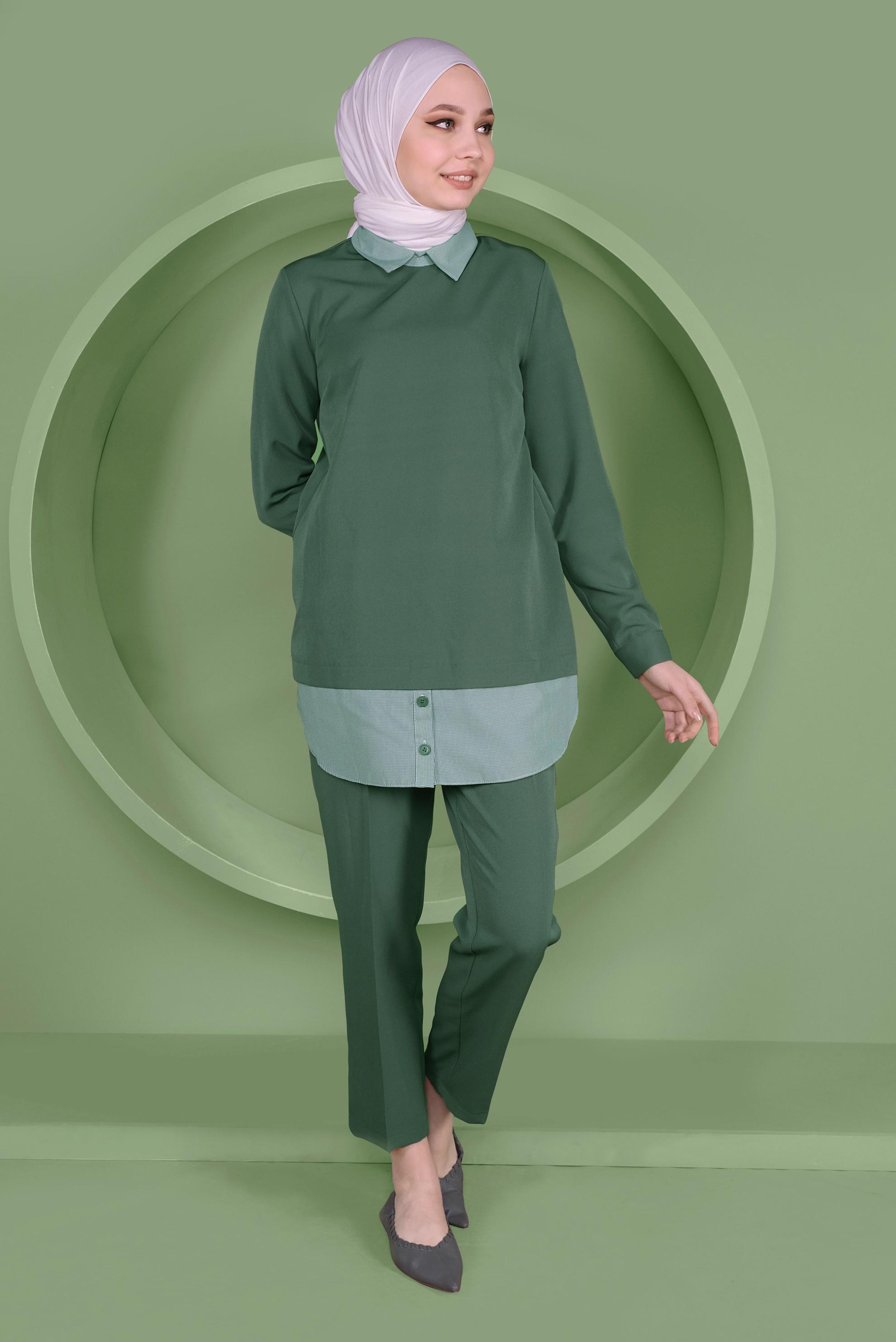 Tesettür giyim YEŞİL DÜĞMELİ ERKEK YAKA PANTOLONLU TAKIM 41380 