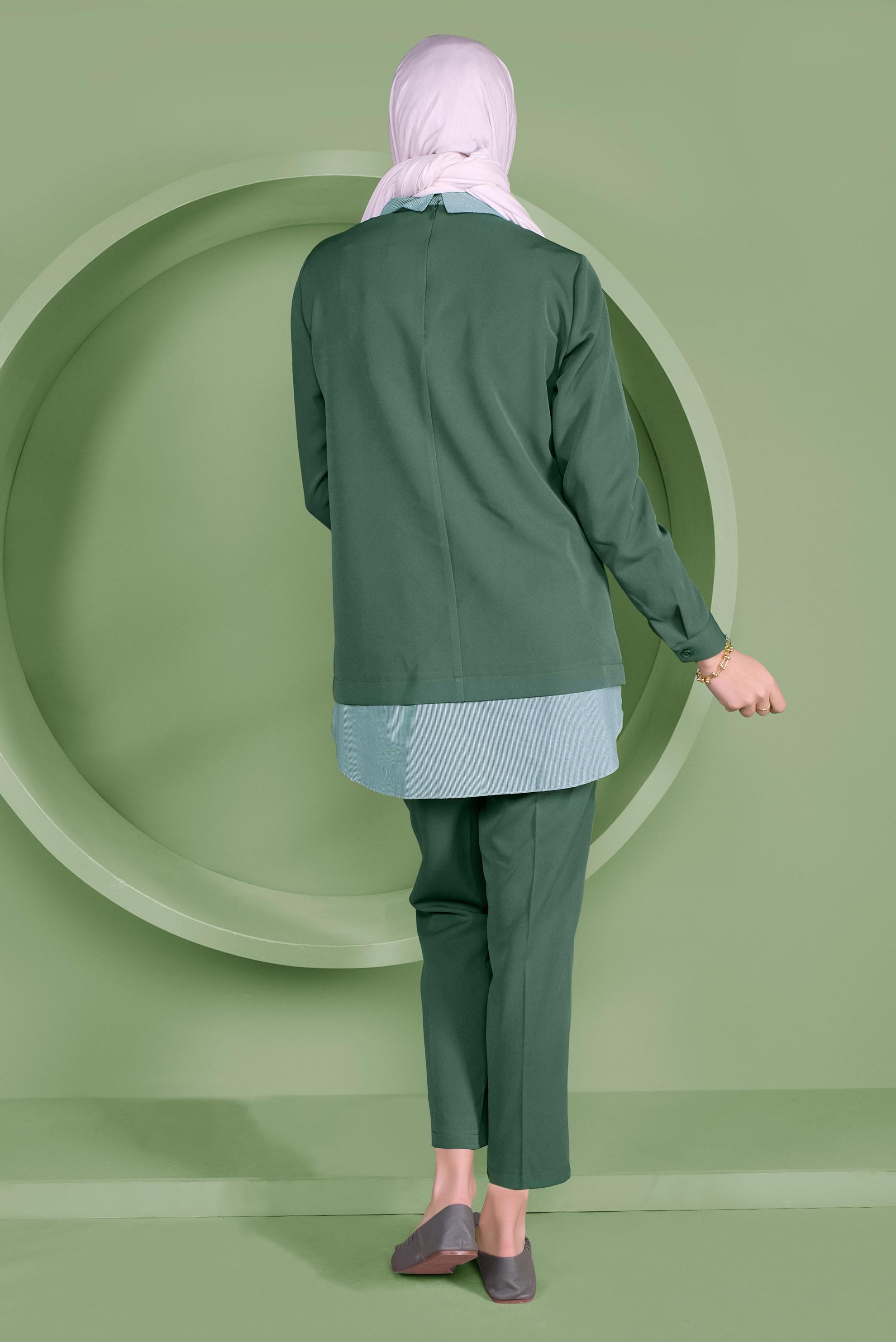 Tesettür giyim YEŞİL DÜĞMELİ ERKEK YAKA PANTOLONLU TAKIM 41380 