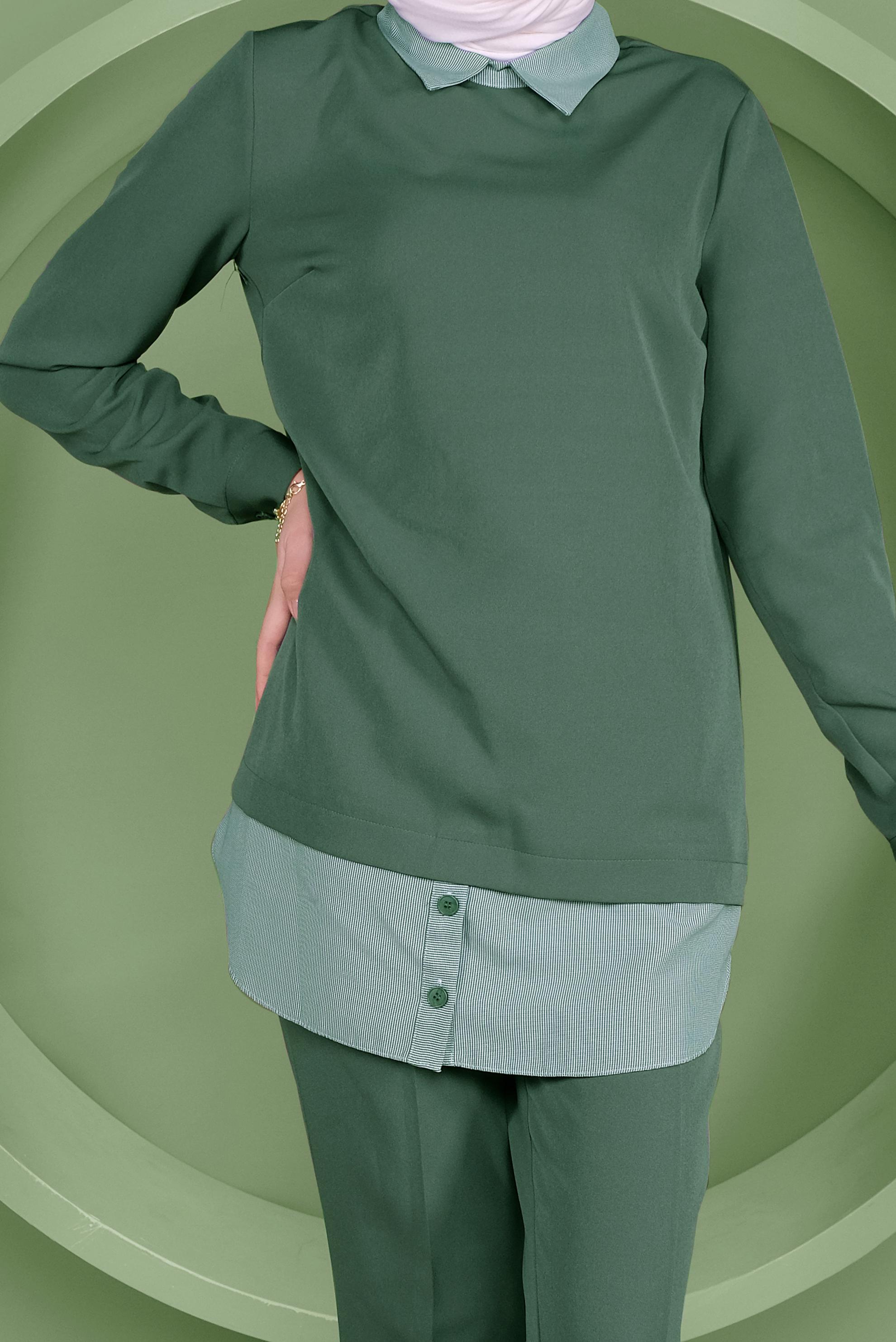 Tesettür giyim YEŞİL DÜĞMELİ ERKEK YAKA PANTOLONLU TAKIM 41380 