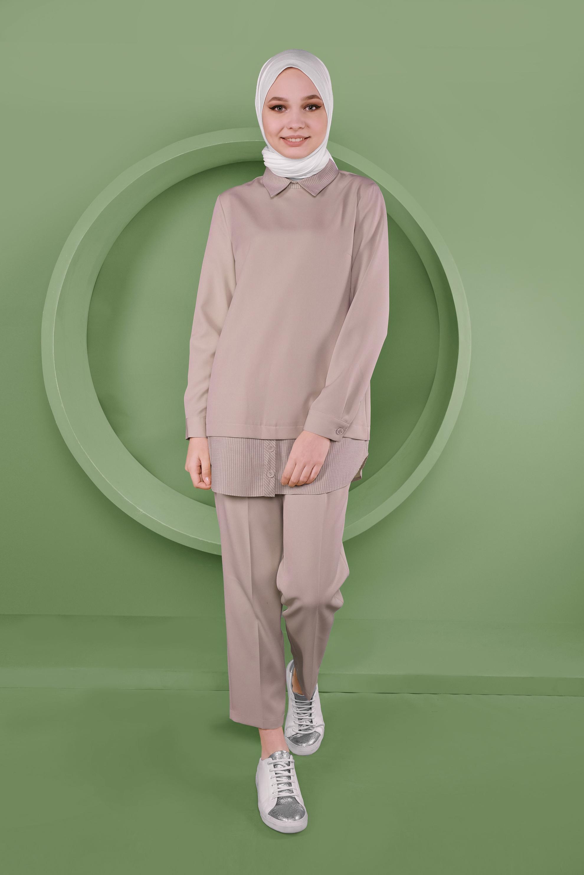 Tesettür giyim BEJ DÜĞMELİ ERKEK YAKA PANTOLONLU TAKIM 41380 