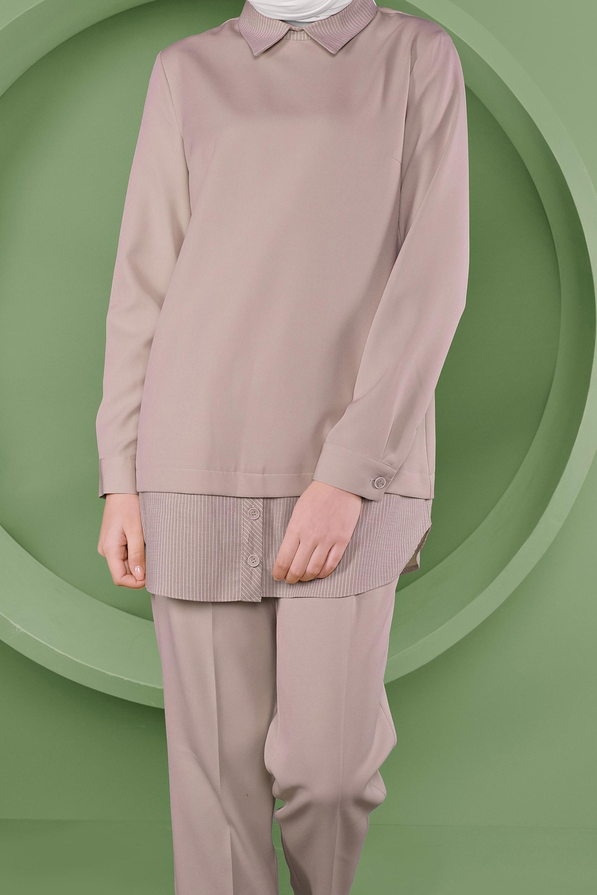 Tesettür giyim BEJ DÜĞMELİ ERKEK YAKA PANTOLONLU TAKIM 41380 