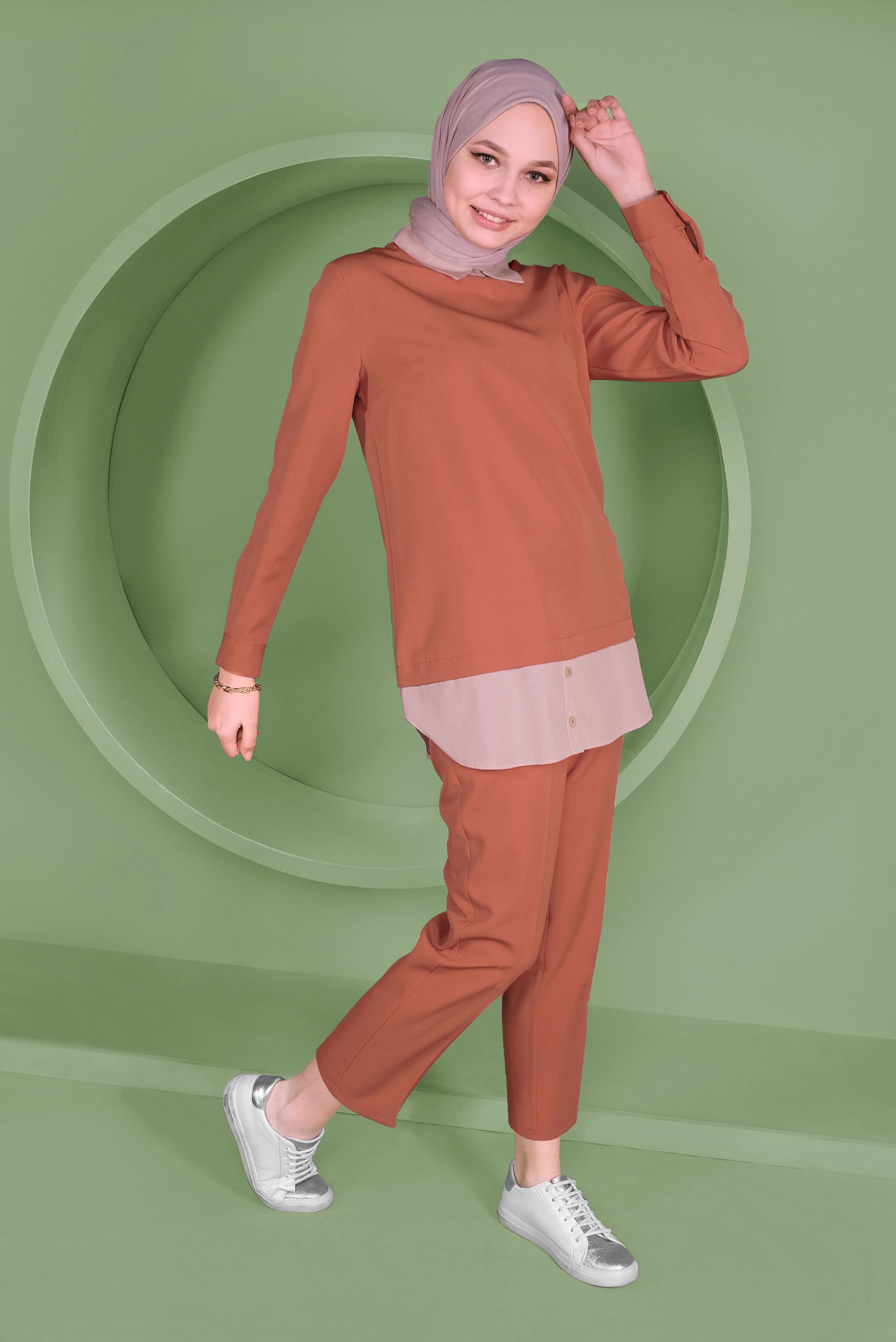 Tesettür giyim TURUNCU DÜĞMELİ ERKEK YAKA PANTOLONLU TAKIM 41380 