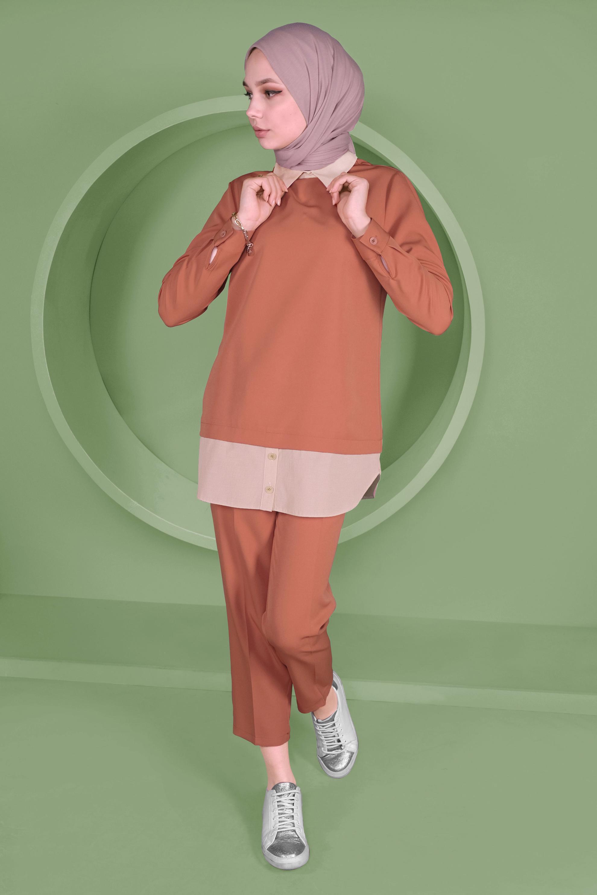 Tesettür giyim TURUNCU DÜĞMELİ ERKEK YAKA PANTOLONLU TAKIM 41380 