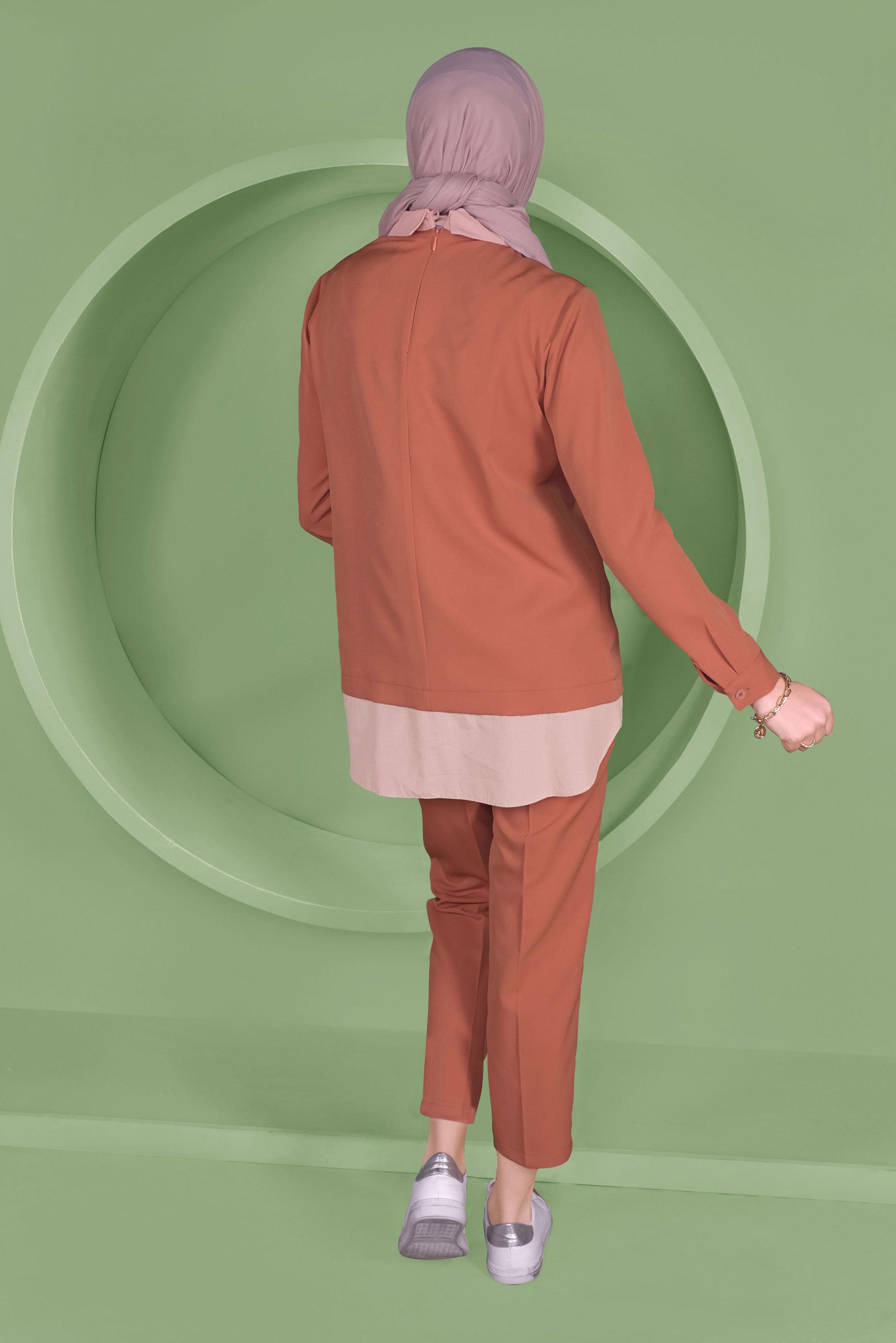 Tesettür giyim TURUNCU DÜĞMELİ ERKEK YAKA PANTOLONLU TAKIM 41380 