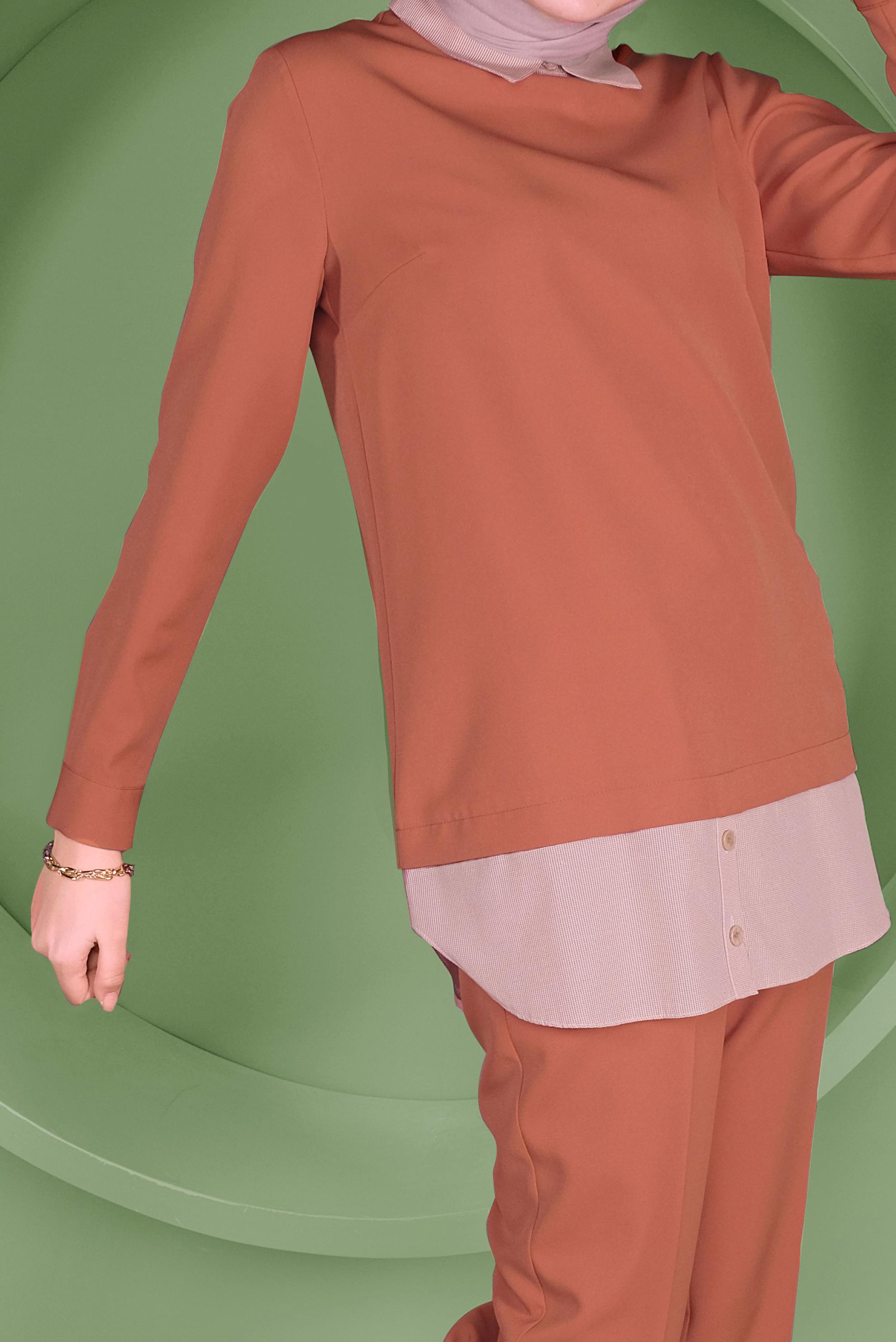 Tesettür giyim TURUNCU DÜĞMELİ ERKEK YAKA PANTOLONLU TAKIM 41380 