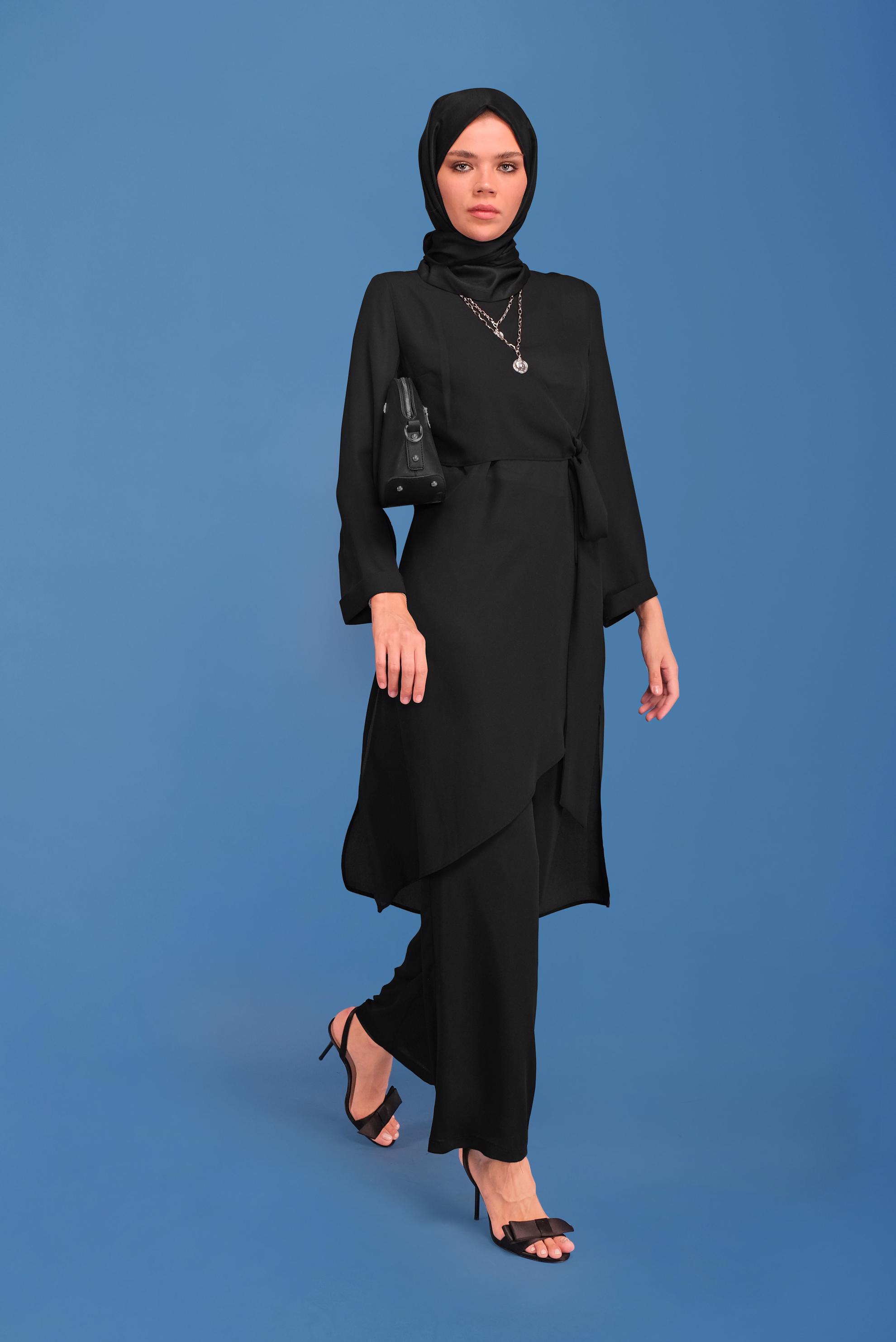 Tesettür giyim SİYAH KRUVAZE BAĞLAMALI İKİLİ PANTOLONLU TAKIM 41381