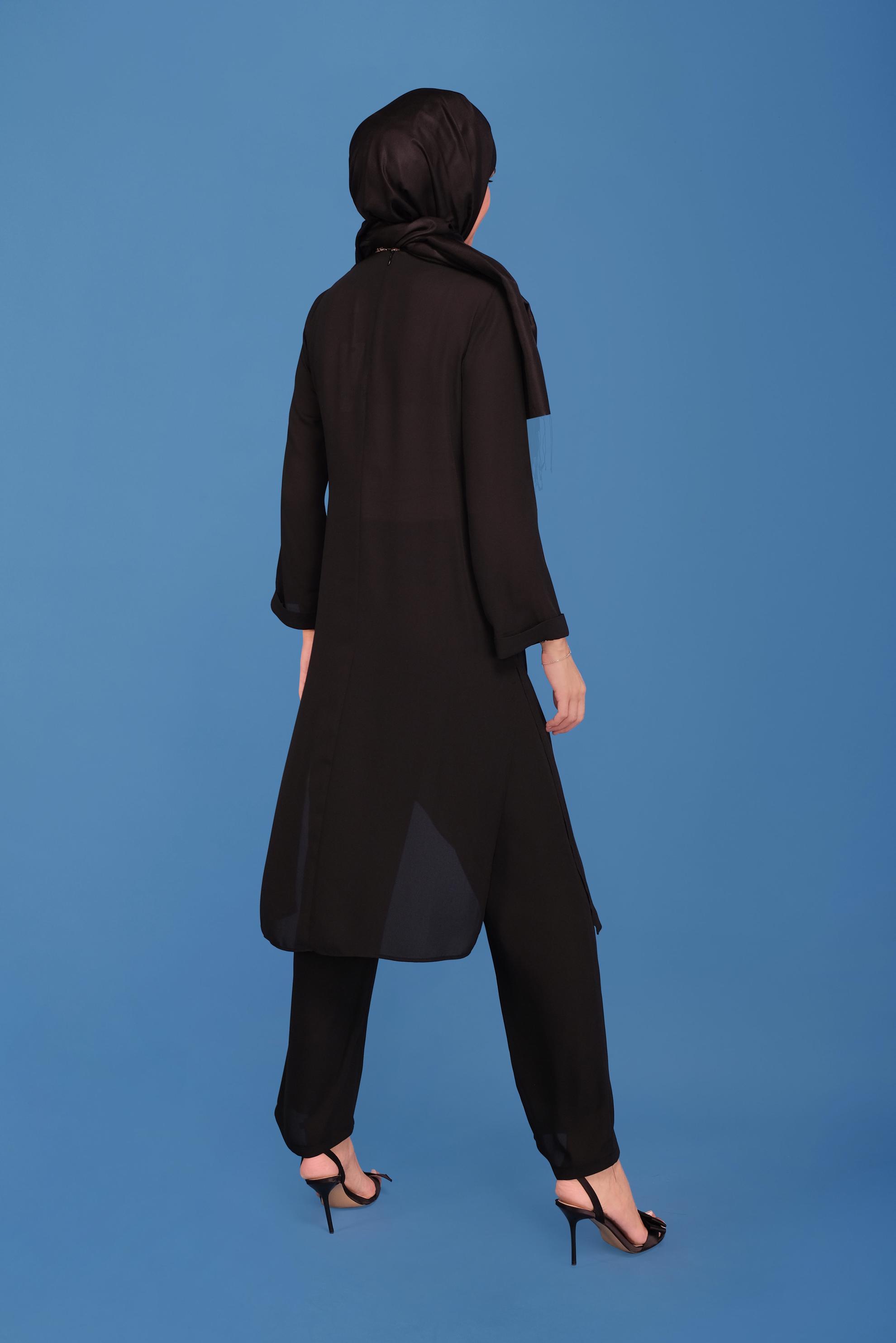 Tesettür giyim SİYAH KRUVAZE BAĞLAMALI İKİLİ PANTOLONLU TAKIM 41381