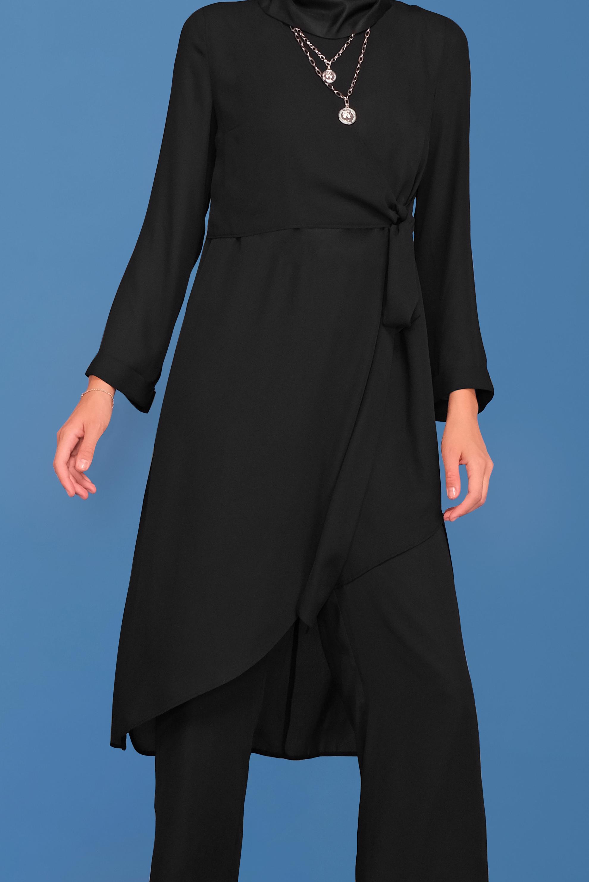 Tesettür giyim SİYAH KRUVAZE BAĞLAMALI İKİLİ PANTOLONLU TAKIM 41381