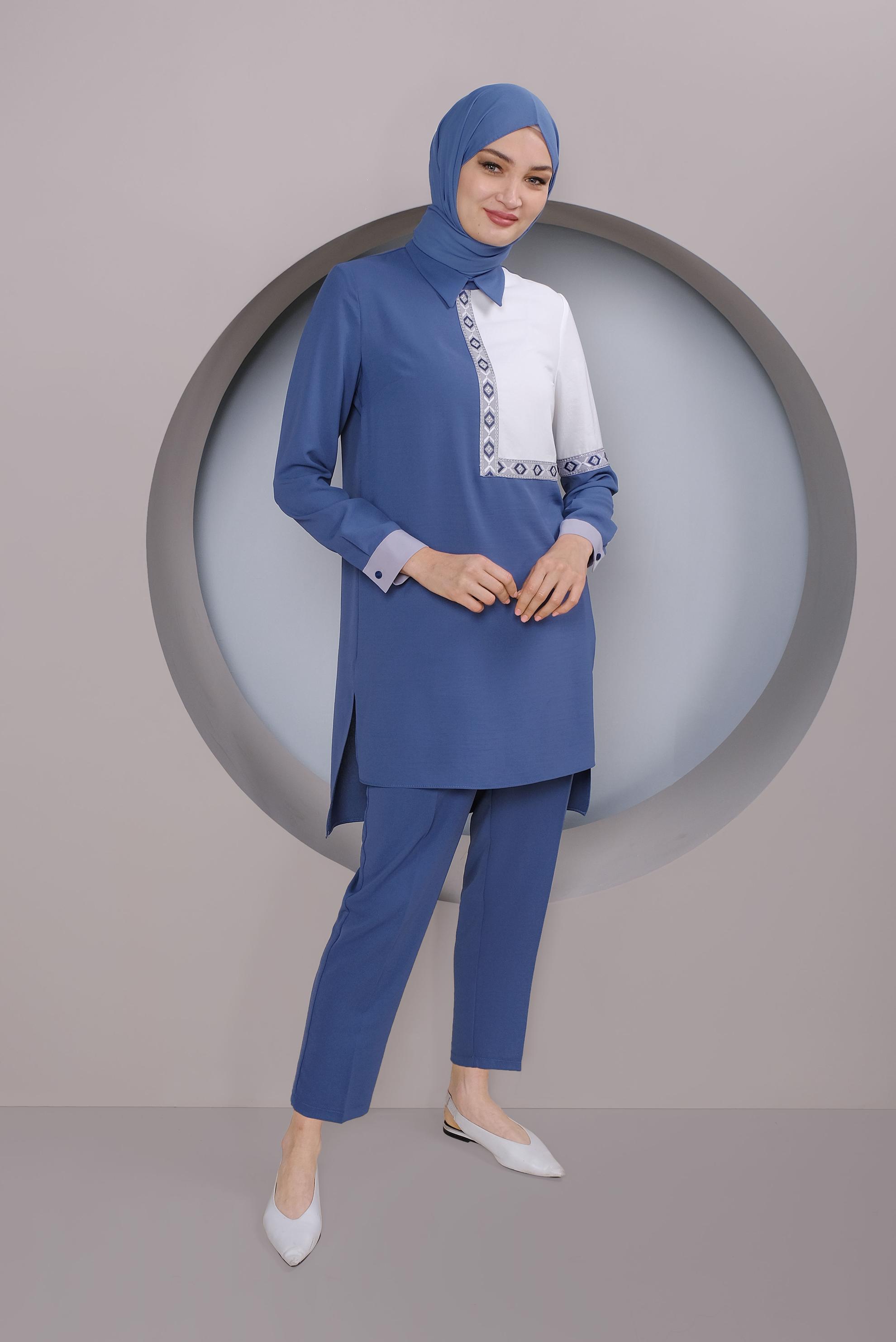 Tesettür giyim LACİVERT NAKIŞLI İKİLİ PANTOLONLU TAKIM 41401 
