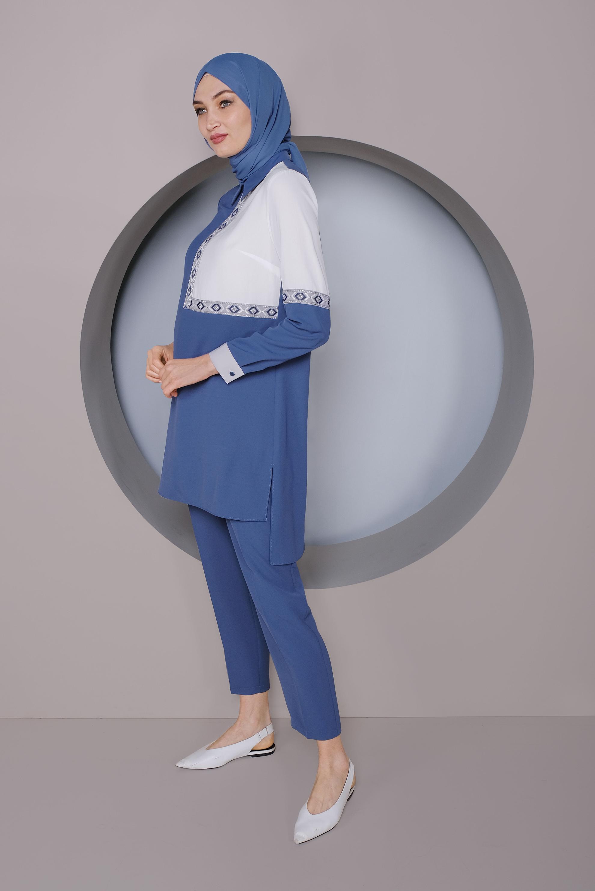 Tesettür giyim LACİVERT NAKIŞLI İKİLİ PANTOLONLU TAKIM 41401 