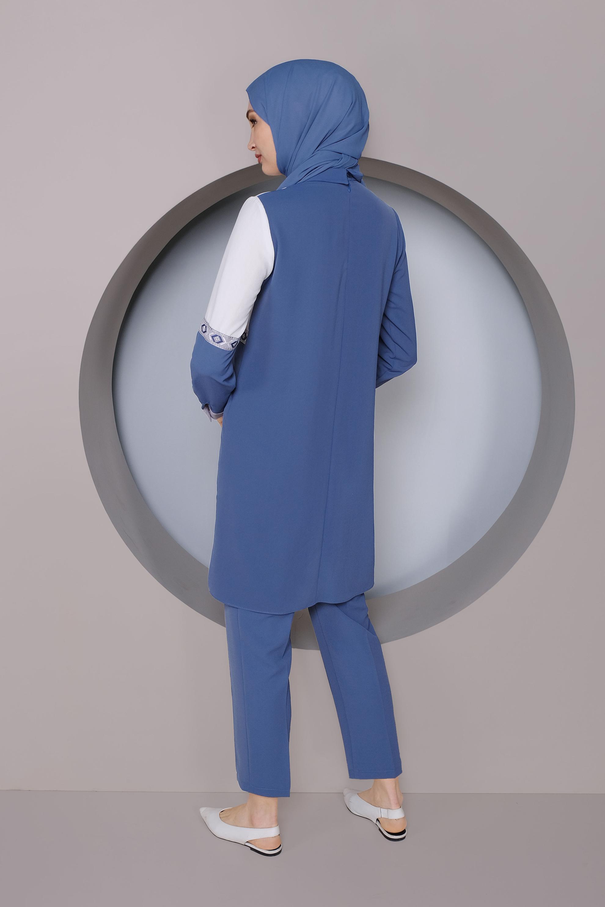 Tesettür giyim LACİVERT NAKIŞLI İKİLİ PANTOLONLU TAKIM 41401 