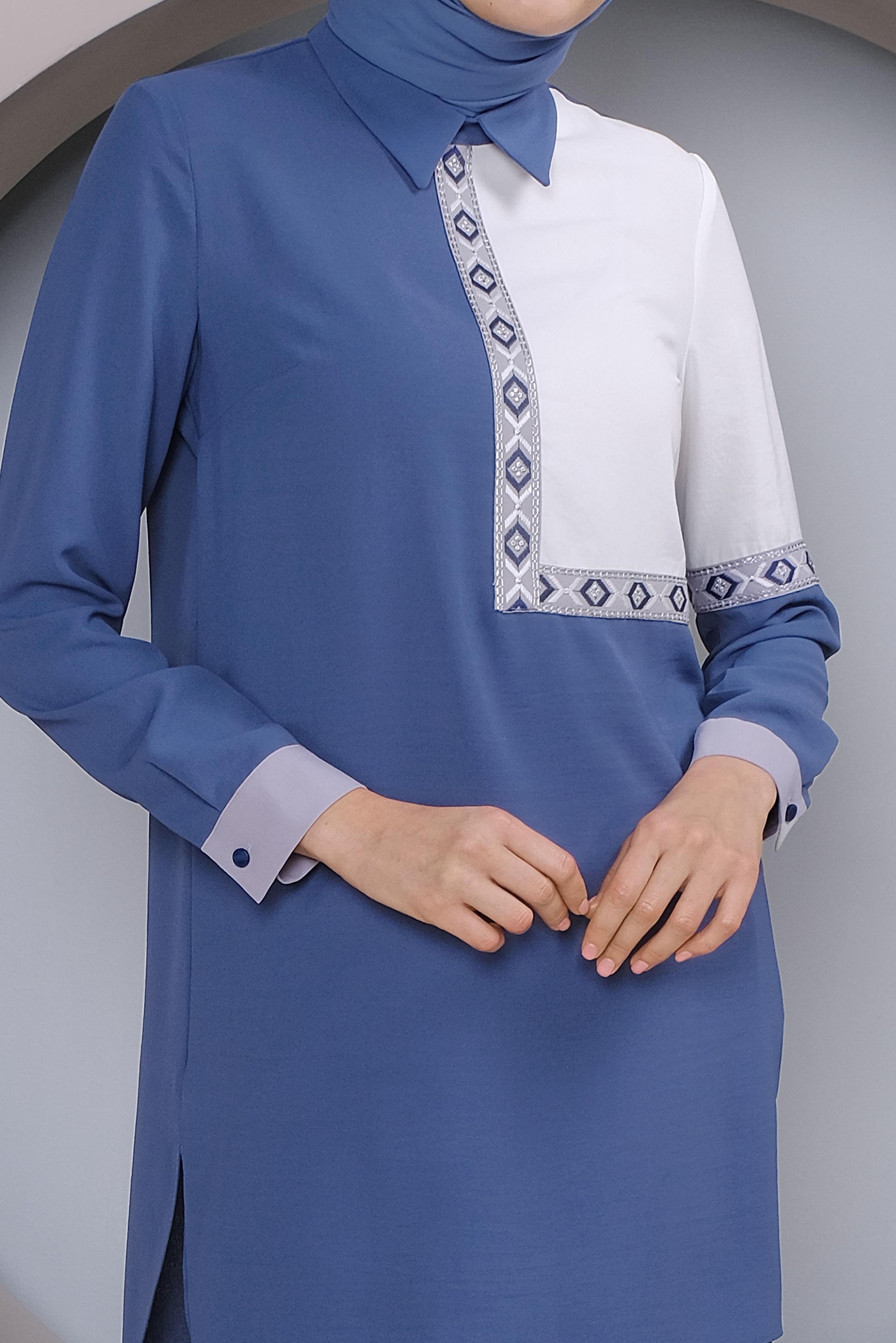 Tesettür giyim LACİVERT NAKIŞLI İKİLİ PANTOLONLU TAKIM 41401 