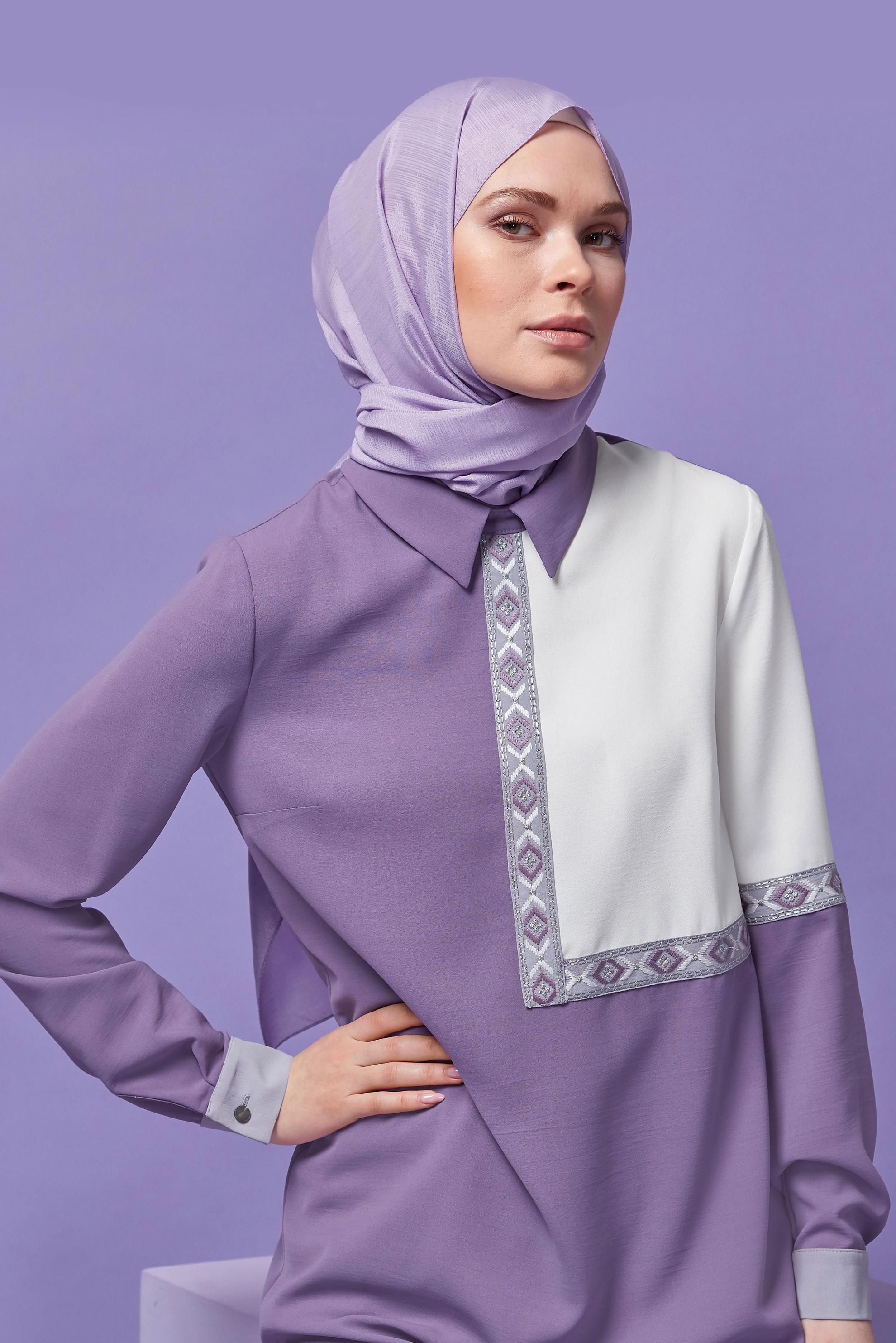 Tesettür giyim MOR NAKIŞLI İKİLİ PANTOLONLU TAKIM 41401 