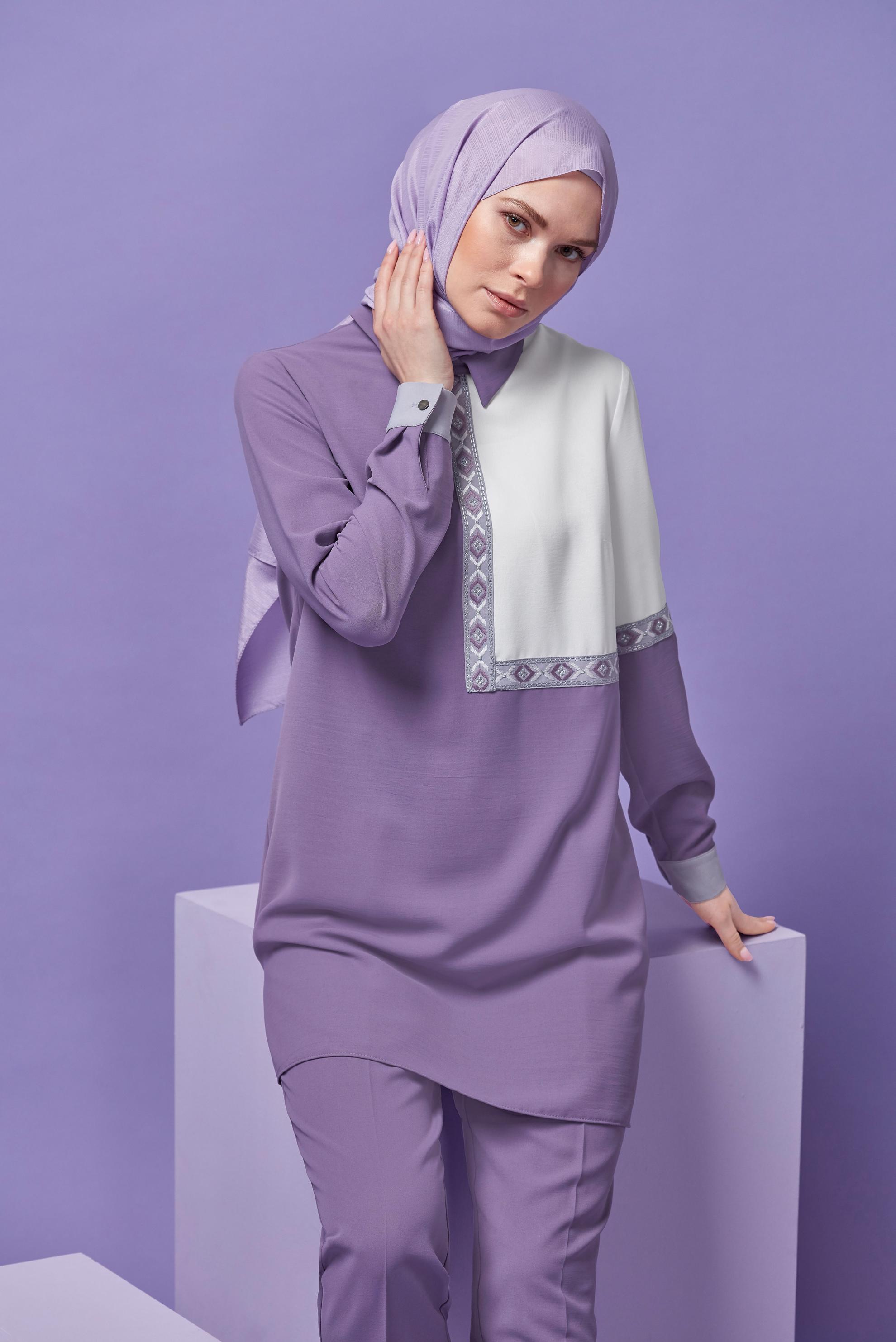 Tesettür giyim MOR NAKIŞLI İKİLİ PANTOLONLU TAKIM 41401 