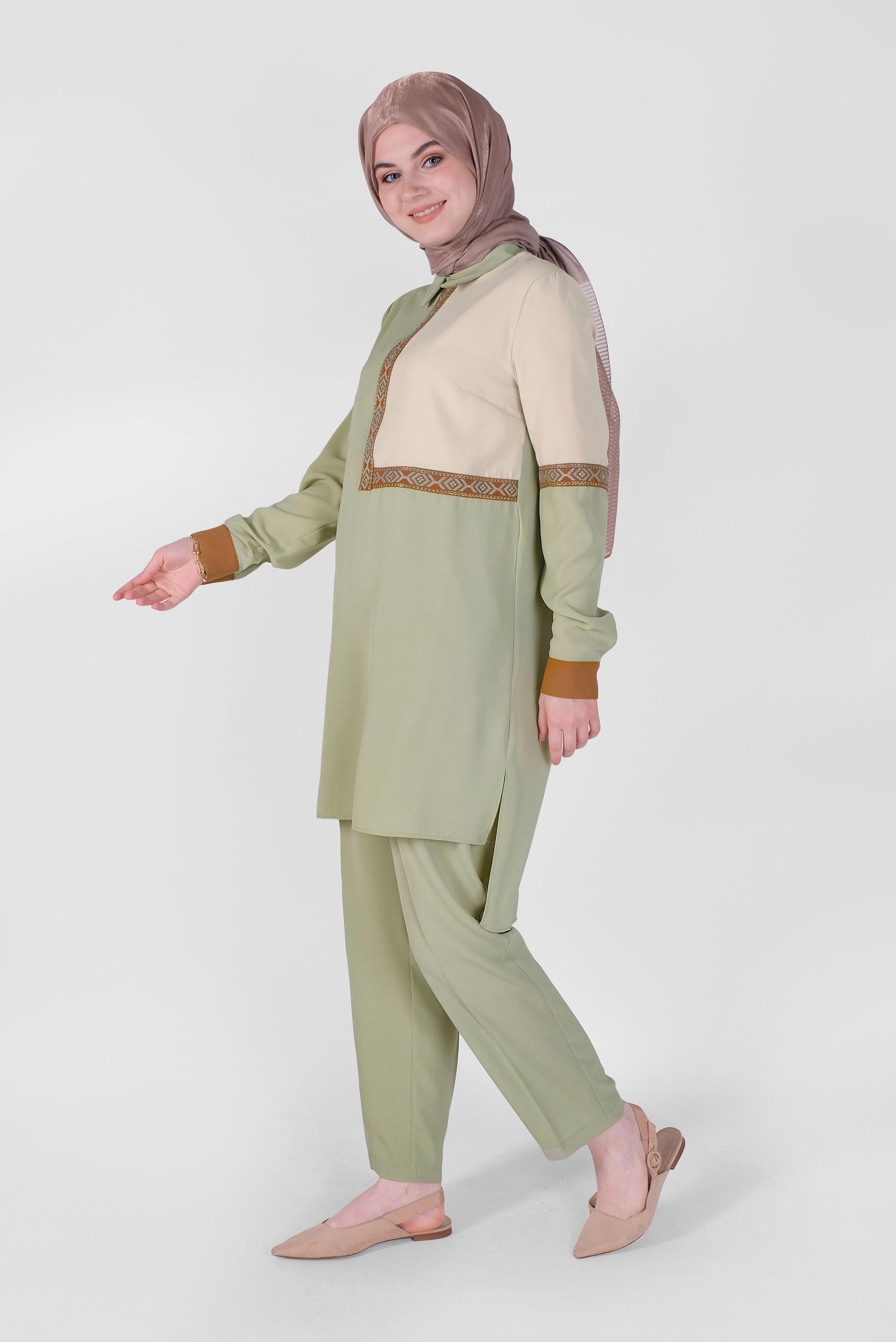 Tesettür giyim YEŞİL NAKIŞLI İKİLİ PANTOLONLU TAKIM 41401 