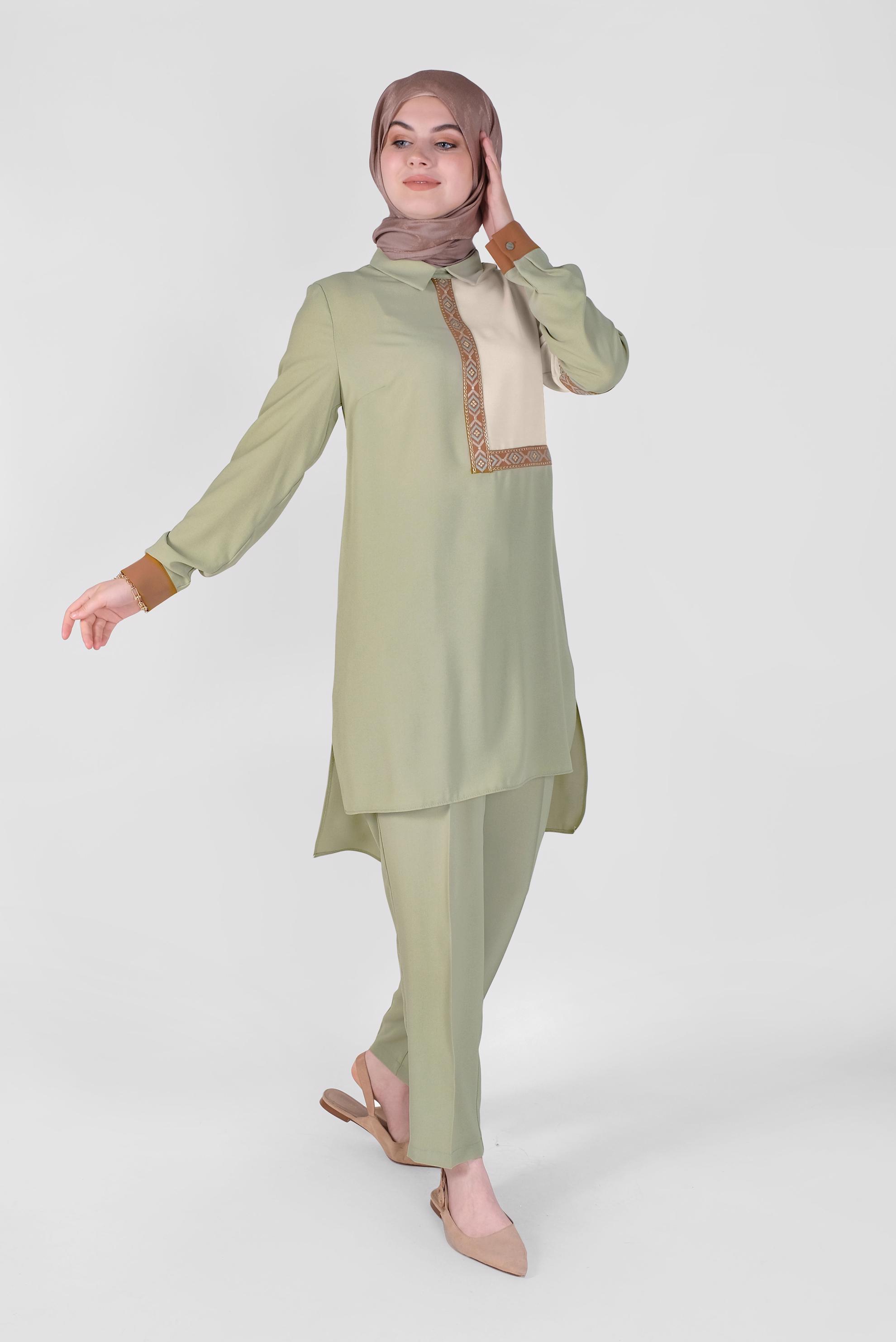 Tesettür giyim YEŞİL NAKIŞLI İKİLİ PANTOLONLU TAKIM 41401 