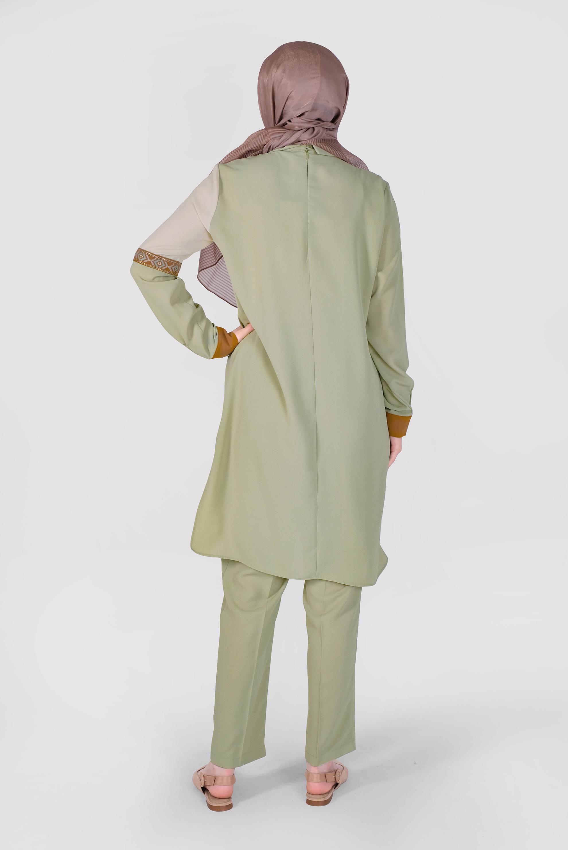 Tesettür giyim YEŞİL NAKIŞLI İKİLİ PANTOLONLU TAKIM 41401 