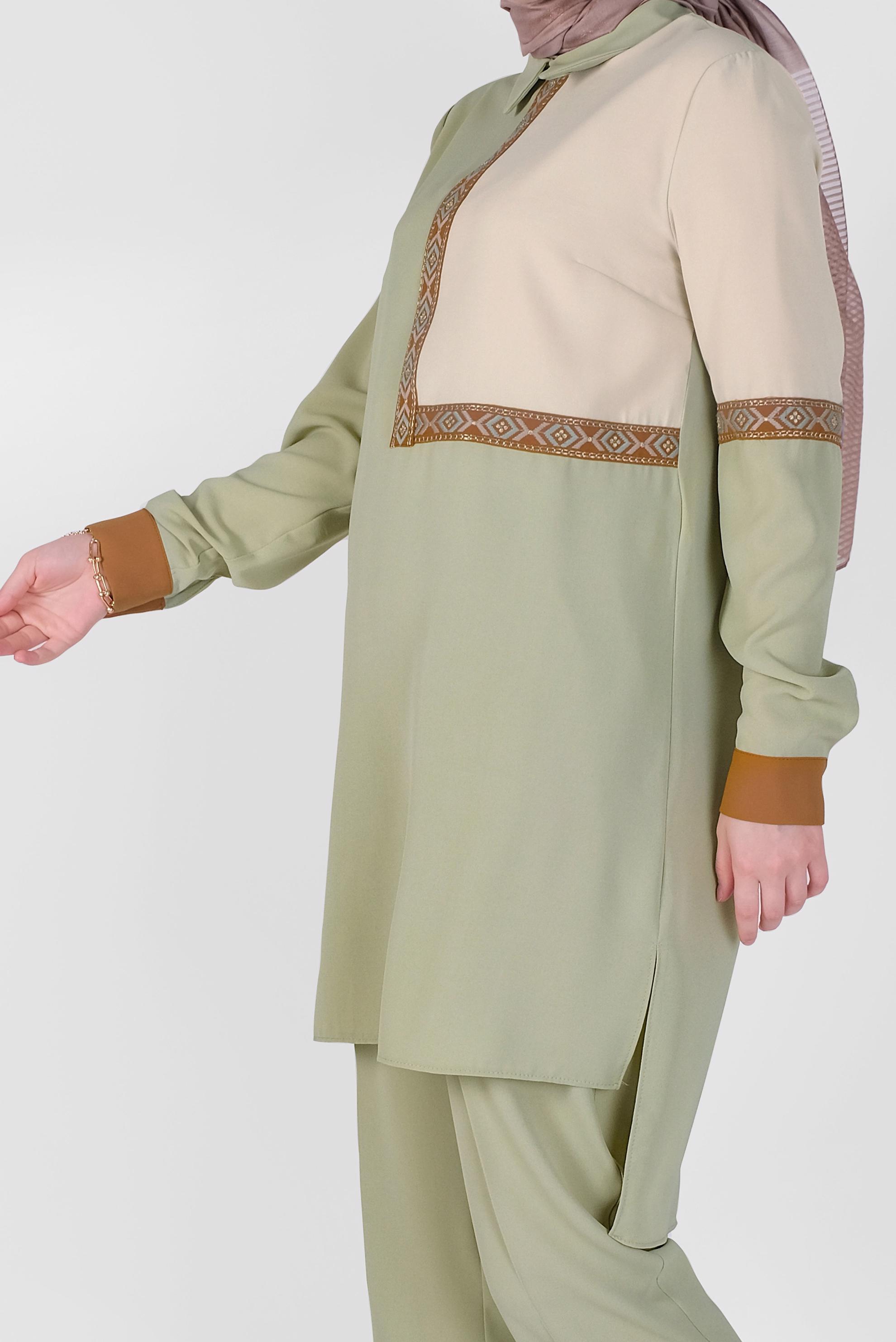 Tesettür giyim YEŞİL NAKIŞLI İKİLİ PANTOLONLU TAKIM 41401 