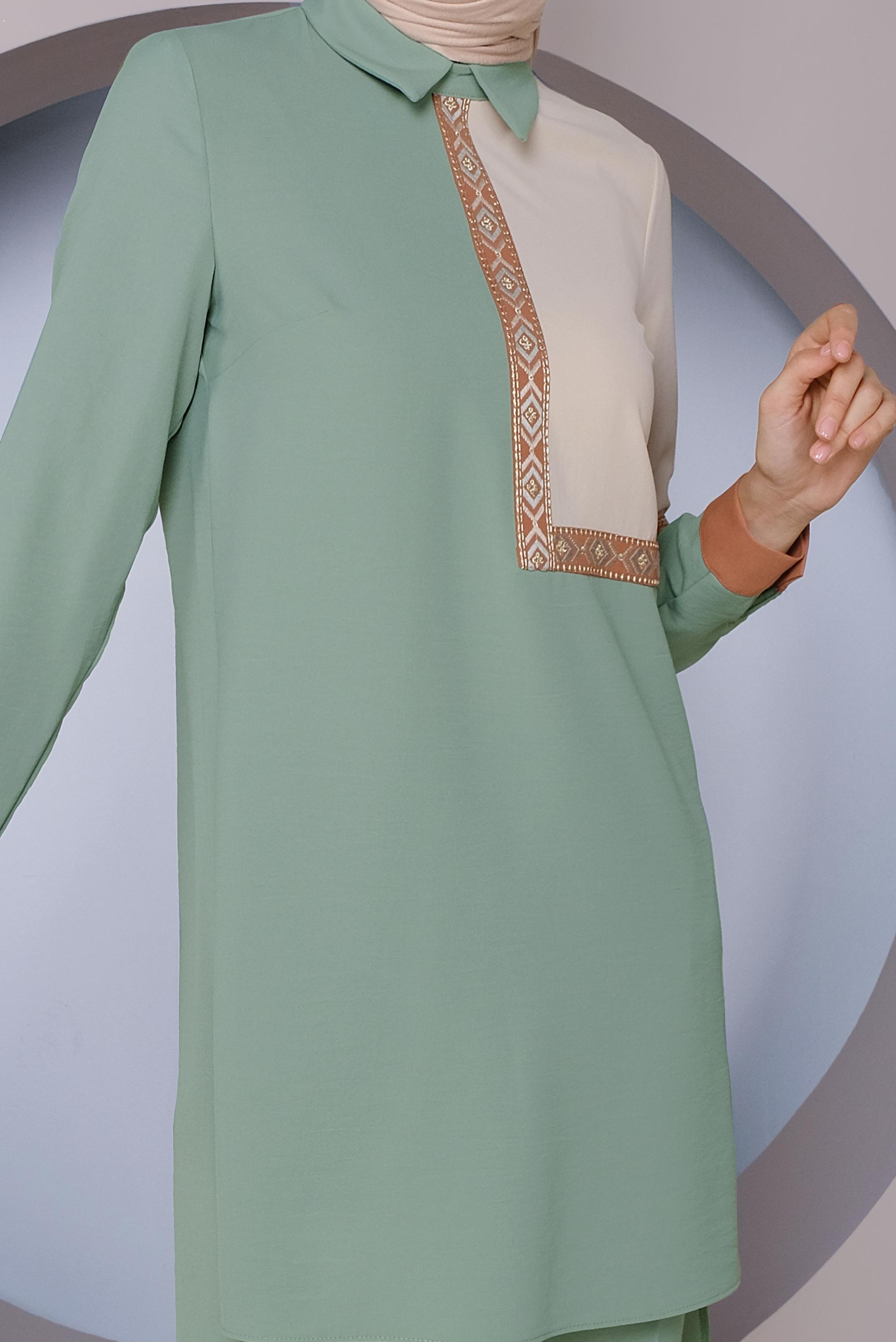 Tesettür giyim YEŞİL NAKIŞLI İKİLİ PANTOLONLU TAKIM 41401 