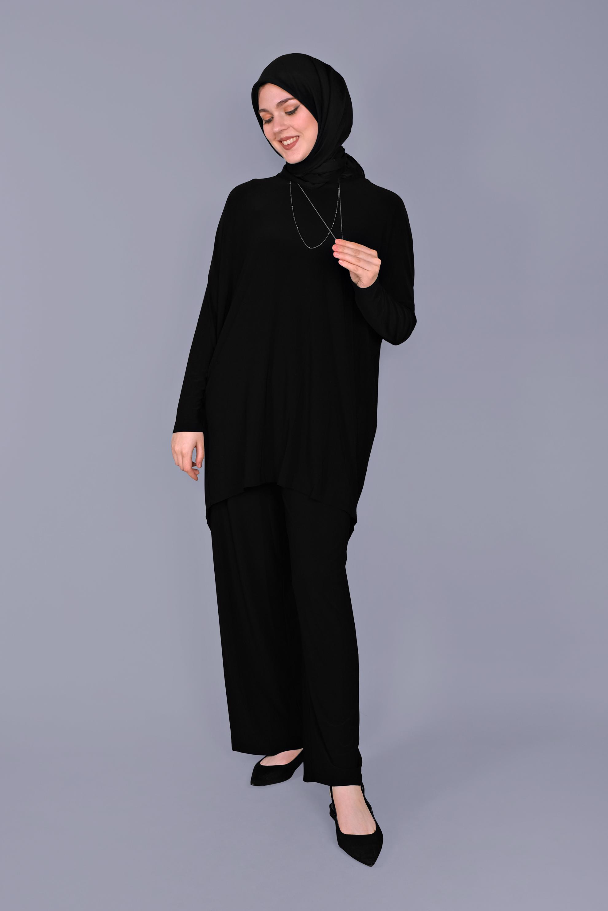 Tesettür giyim SİYAH ASİMETRİK KESİM İKİLİ PANTOLONLU TAKIM 41402 