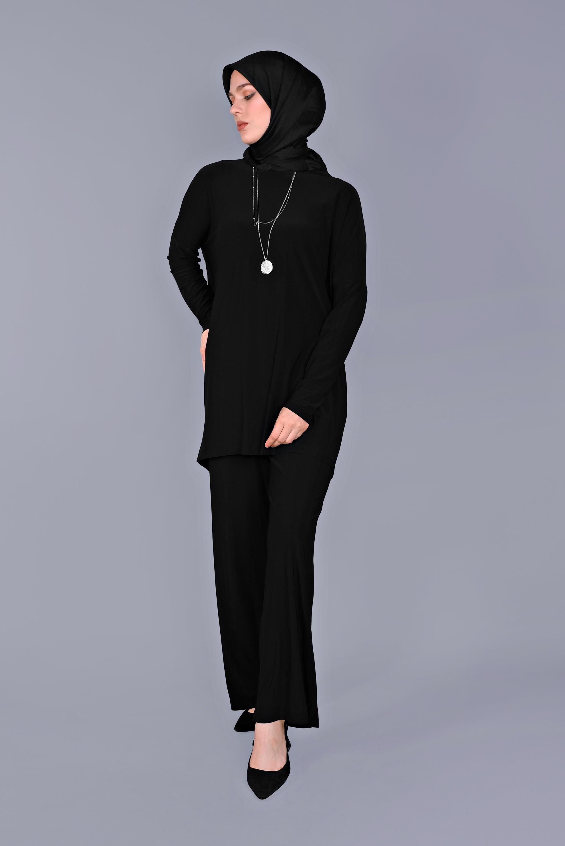 Tesettür giyim SİYAH ASİMETRİK KESİM İKİLİ PANTOLONLU TAKIM 41402 