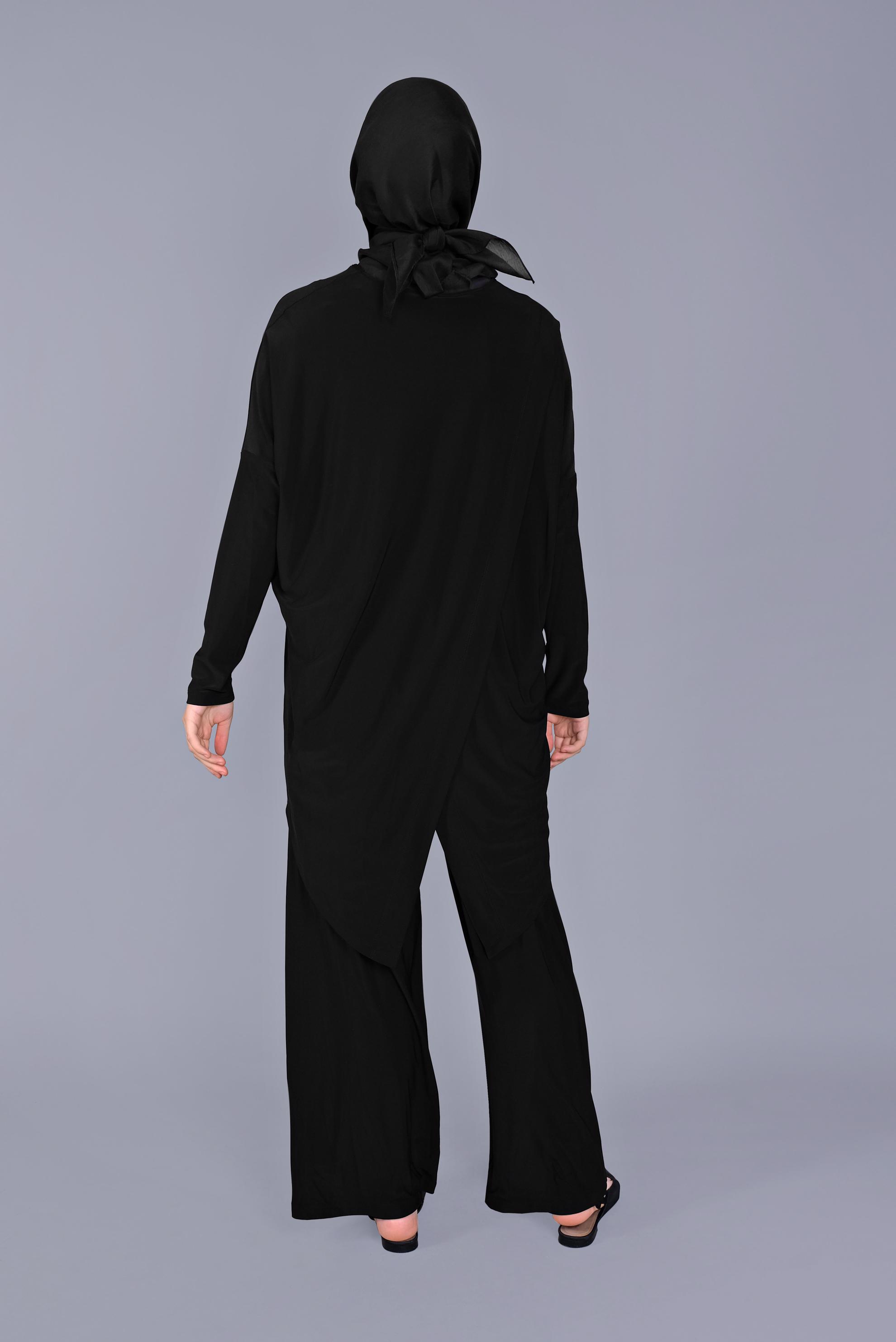 Tesettür giyim SİYAH ASİMETRİK KESİM İKİLİ PANTOLONLU TAKIM 41402 