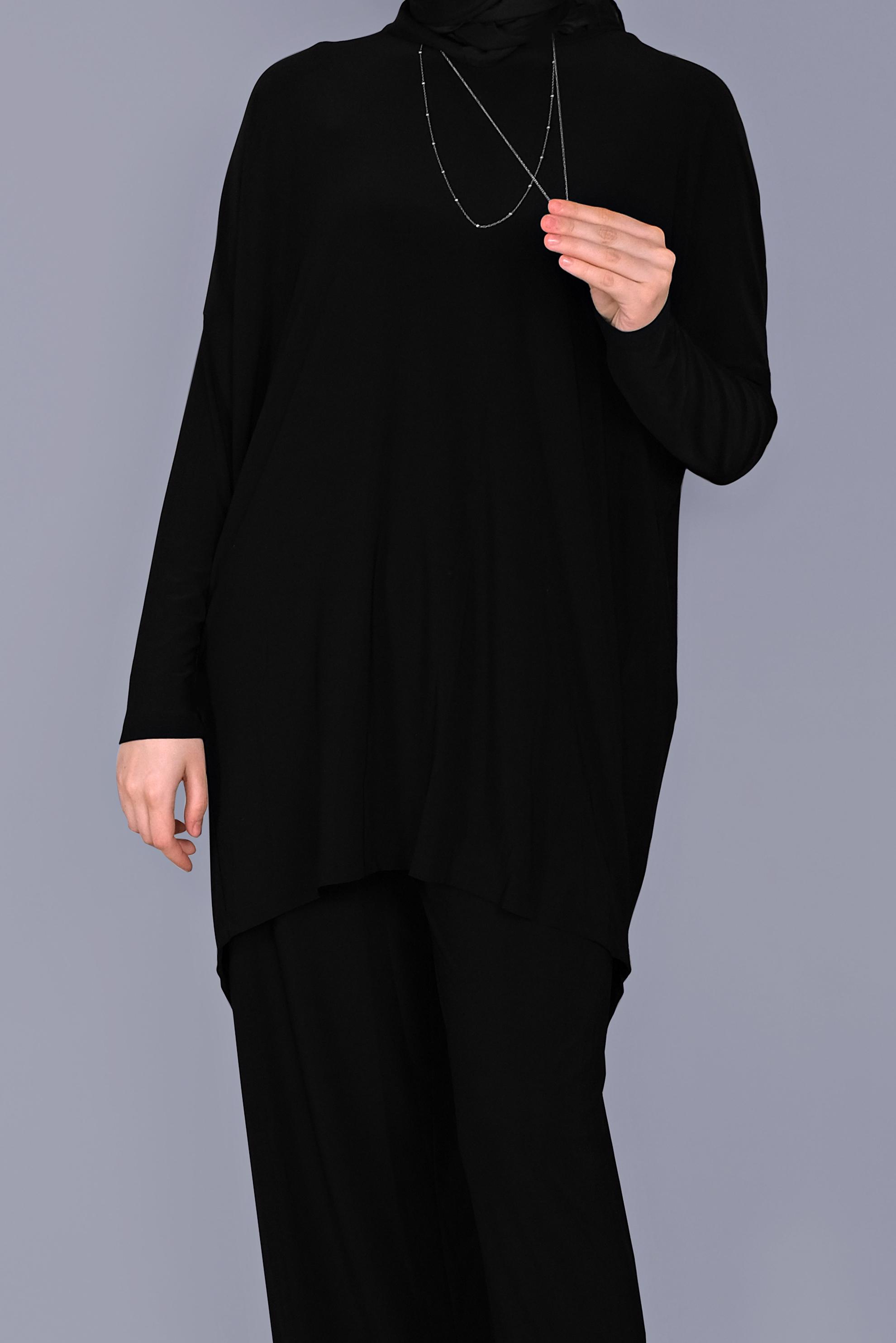 Tesettür giyim SİYAH ASİMETRİK KESİM İKİLİ PANTOLONLU TAKIM 41402 