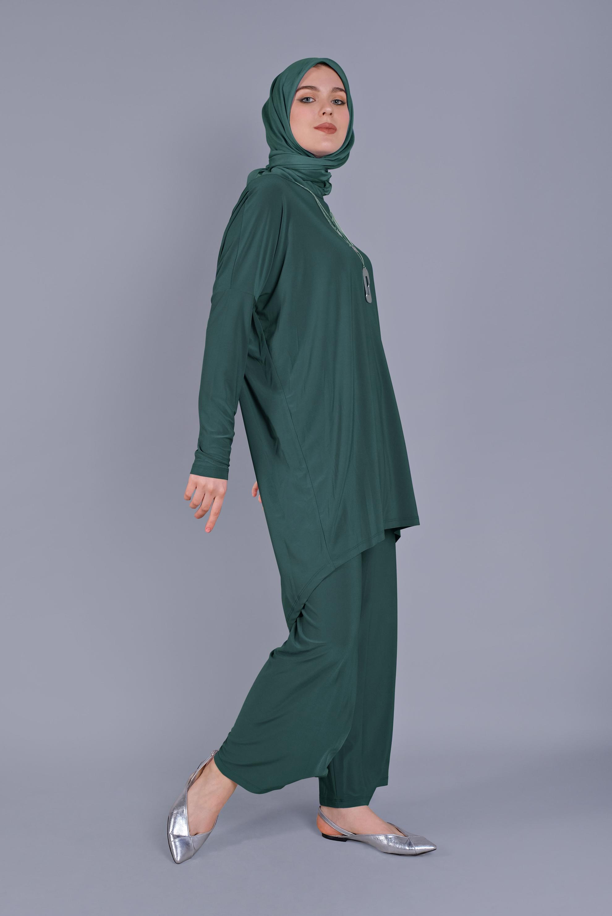 Tesettür giyim MAVİ ASİMETRİK KESİM İKİLİ PANTOLONLU TAKIM 41402 