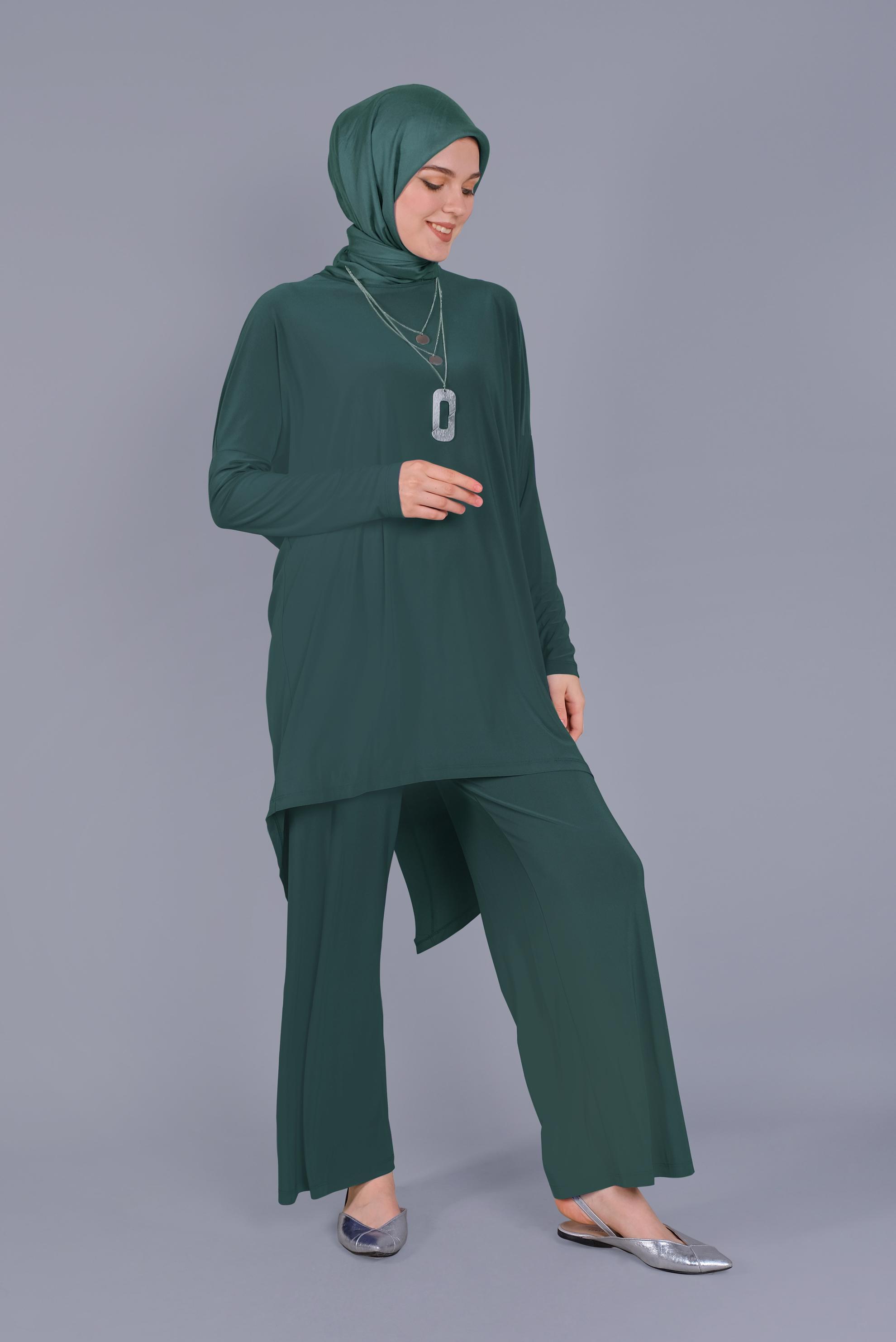 Tesettür giyim MAVİ ASİMETRİK KESİM İKİLİ PANTOLONLU TAKIM 41402 