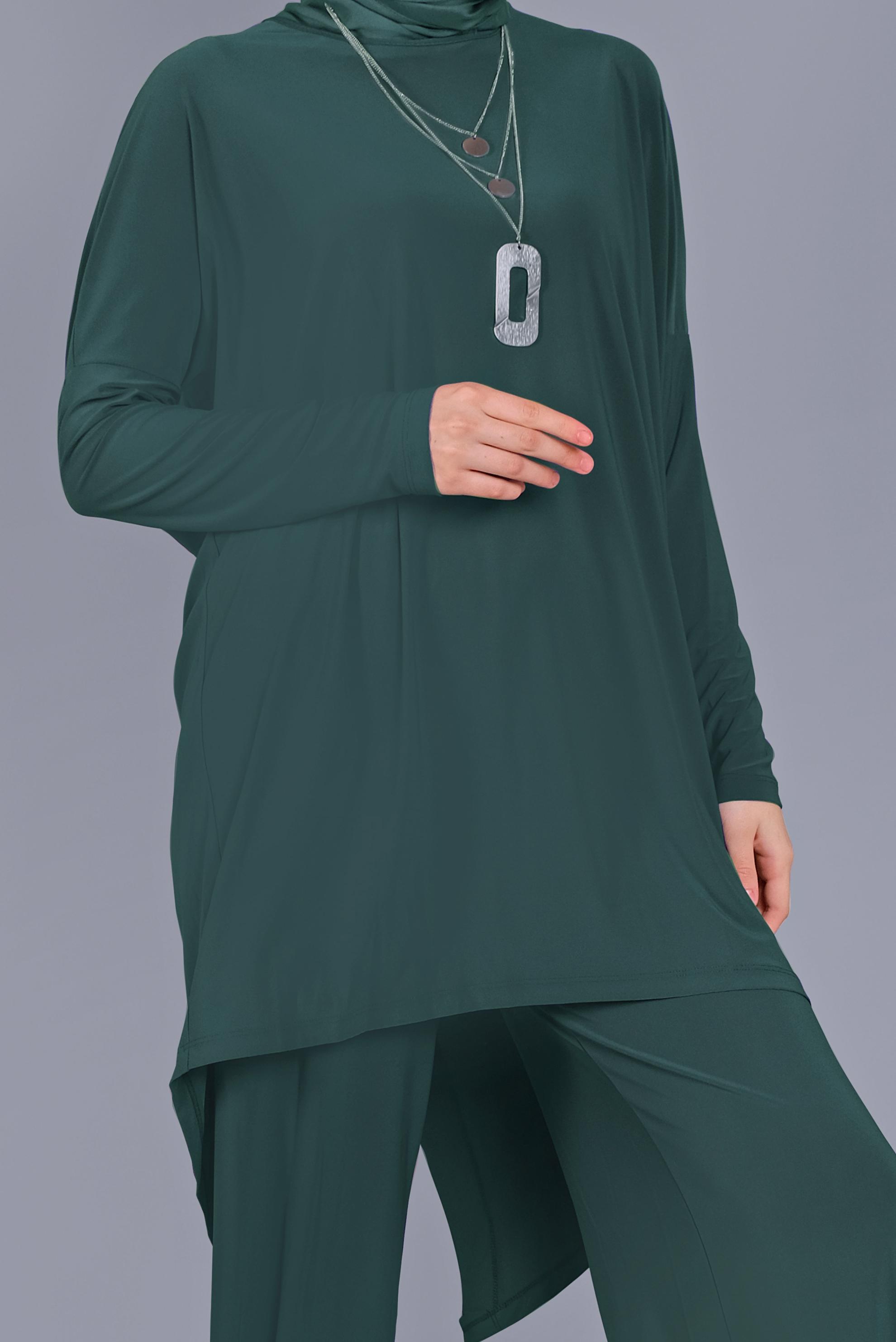 Tesettür giyim MAVİ ASİMETRİK KESİM İKİLİ PANTOLONLU TAKIM 41402 