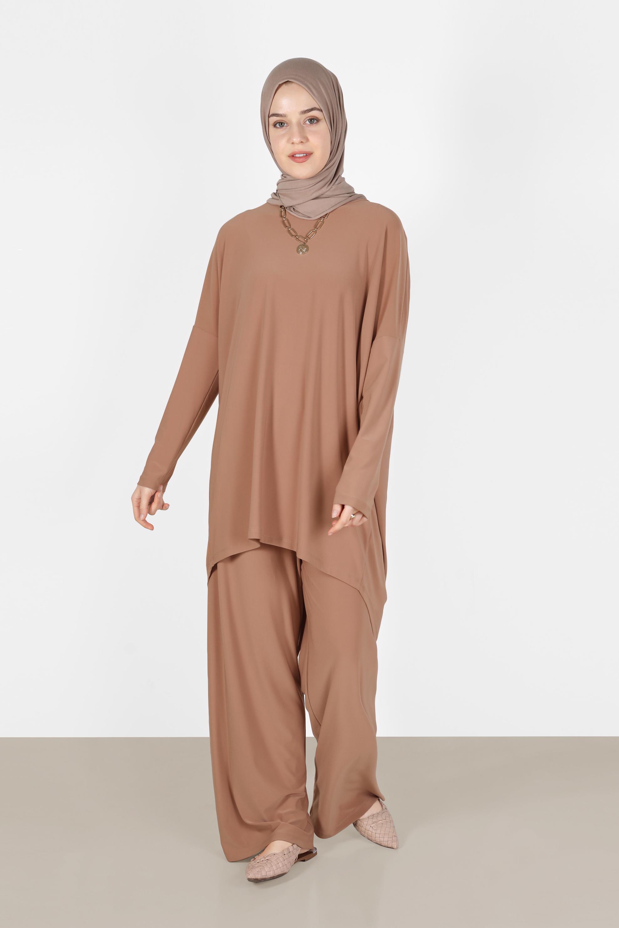 Tesettür giyim KAHVE ASİMETRİK KESİM İKİLİ PANTOLONLU TAKIM 41402 