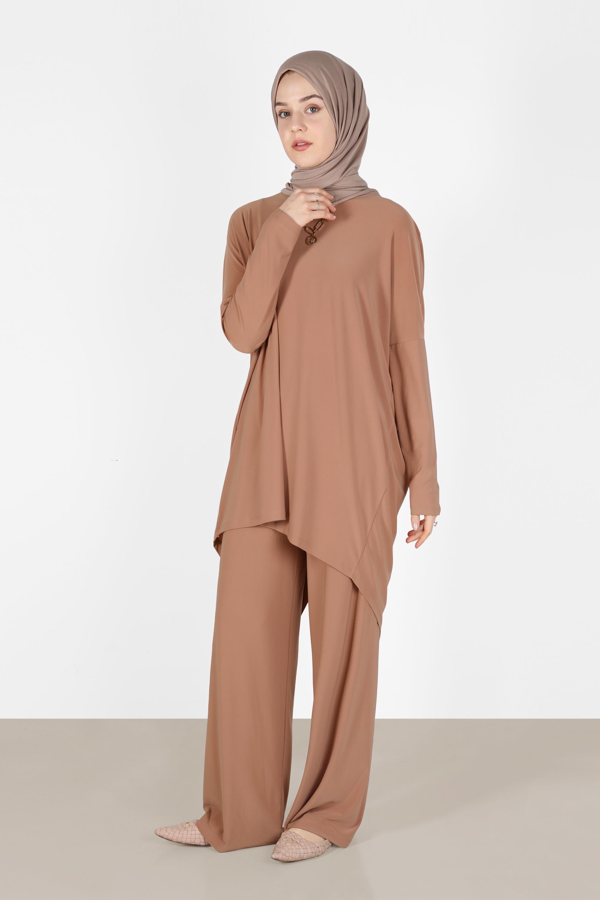 Tesettür giyim KAHVE ASİMETRİK KESİM İKİLİ PANTOLONLU TAKIM 41402 