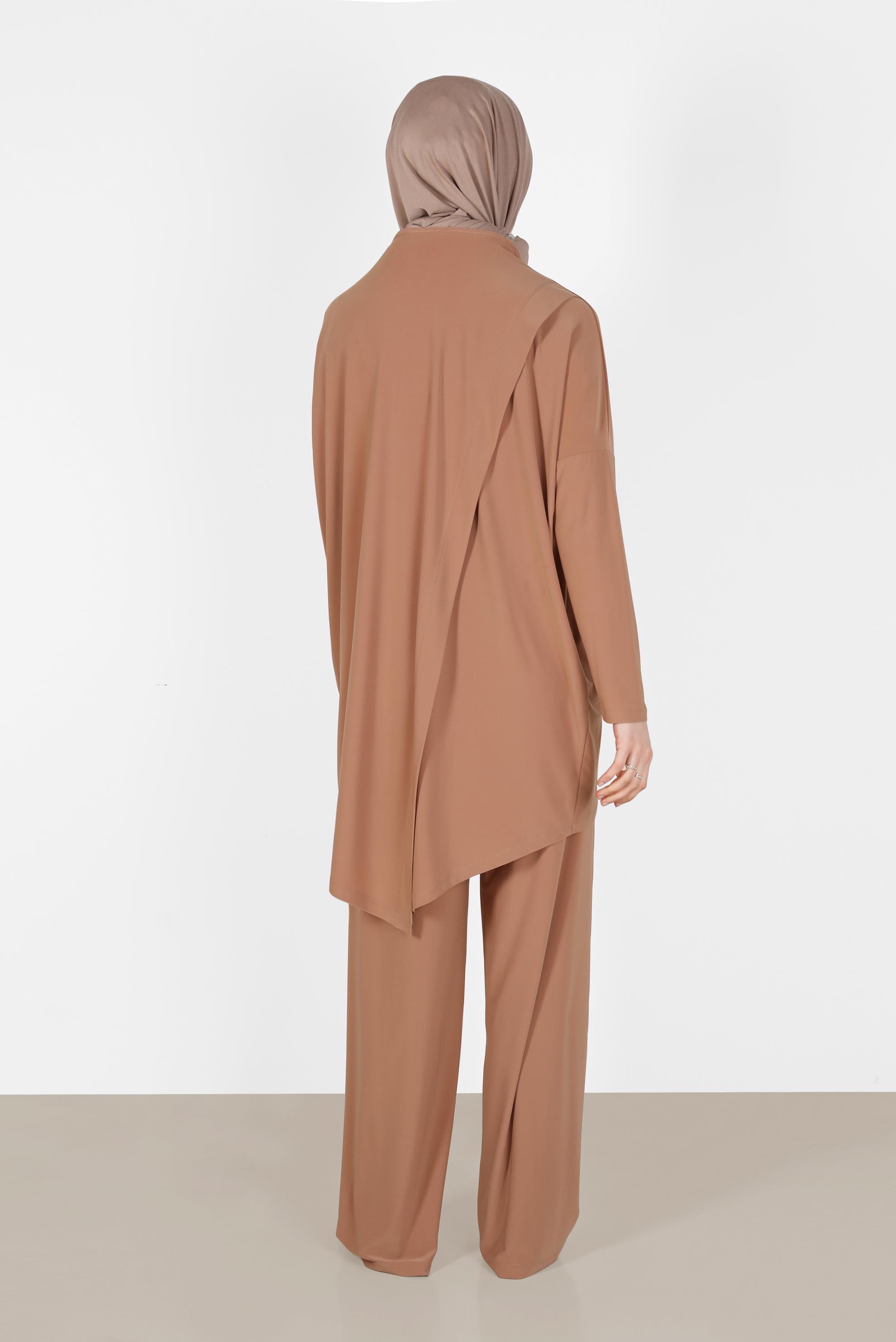 Tesettür giyim KAHVE ASİMETRİK KESİM İKİLİ PANTOLONLU TAKIM 41402 