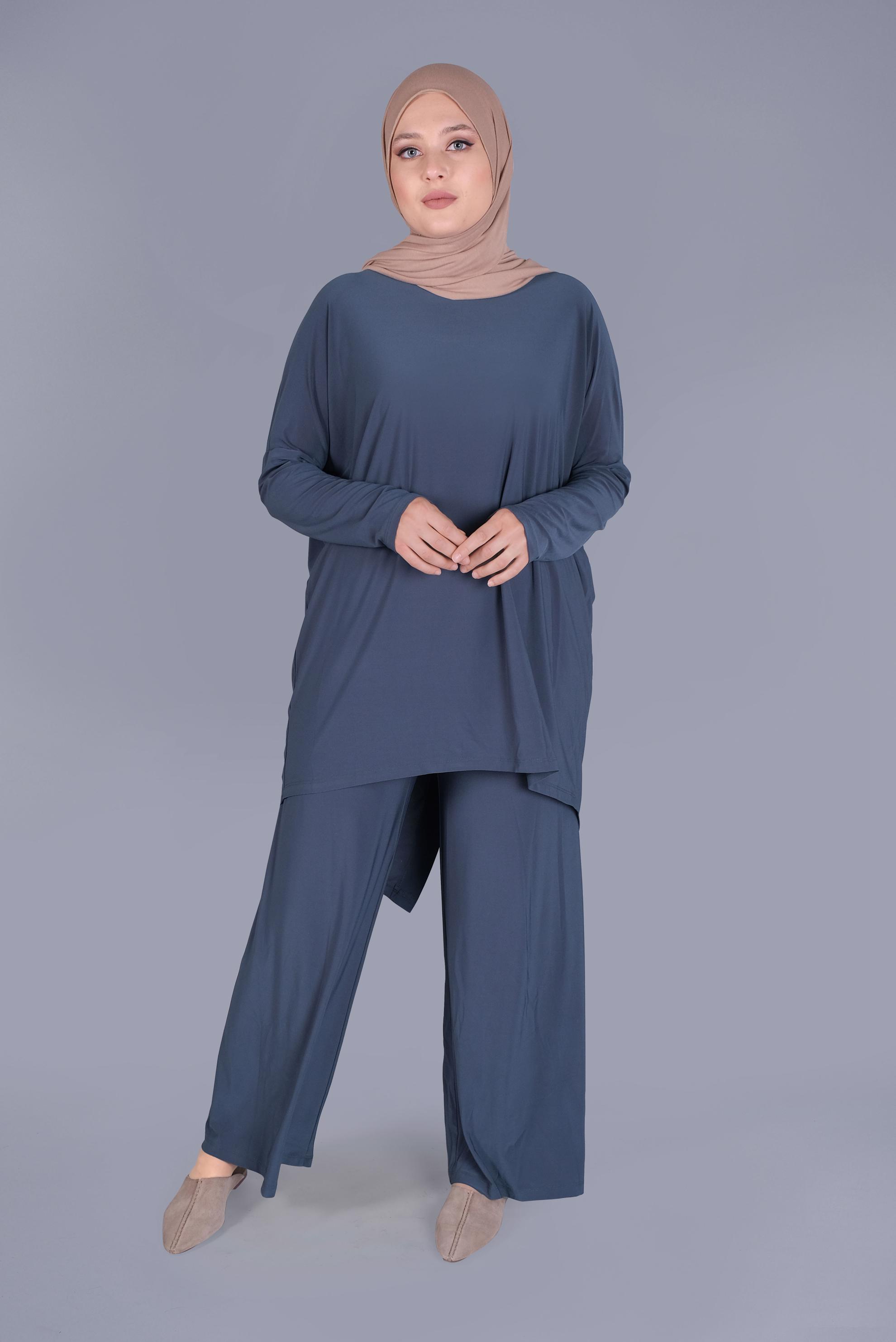 Tesettür giyim LACİVERT ASİMETRİK KESİM İKİLİ PANTOLONLU TAKIM 41402 