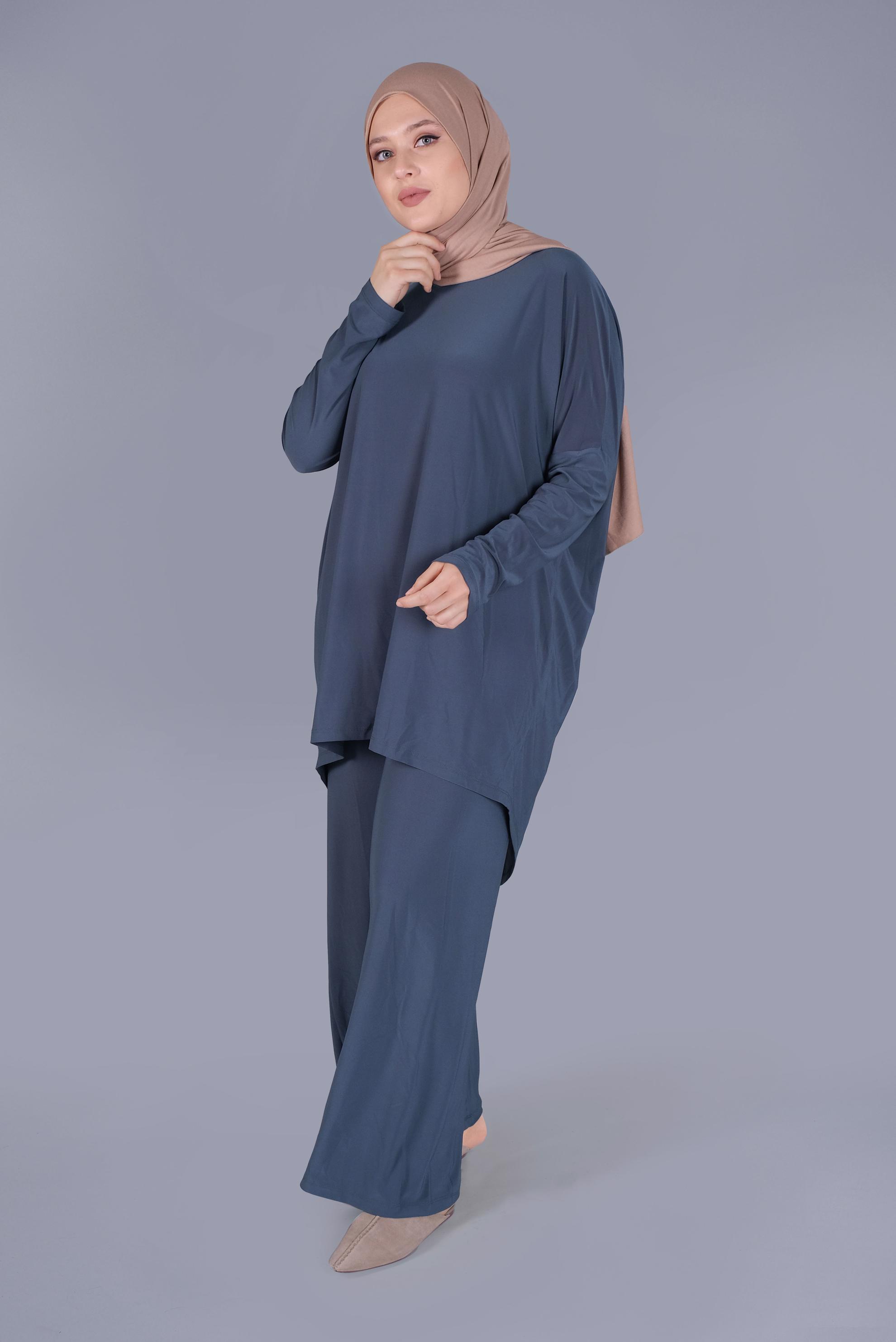 Tesettür giyim LACİVERT ASİMETRİK KESİM İKİLİ PANTOLONLU TAKIM 41402 