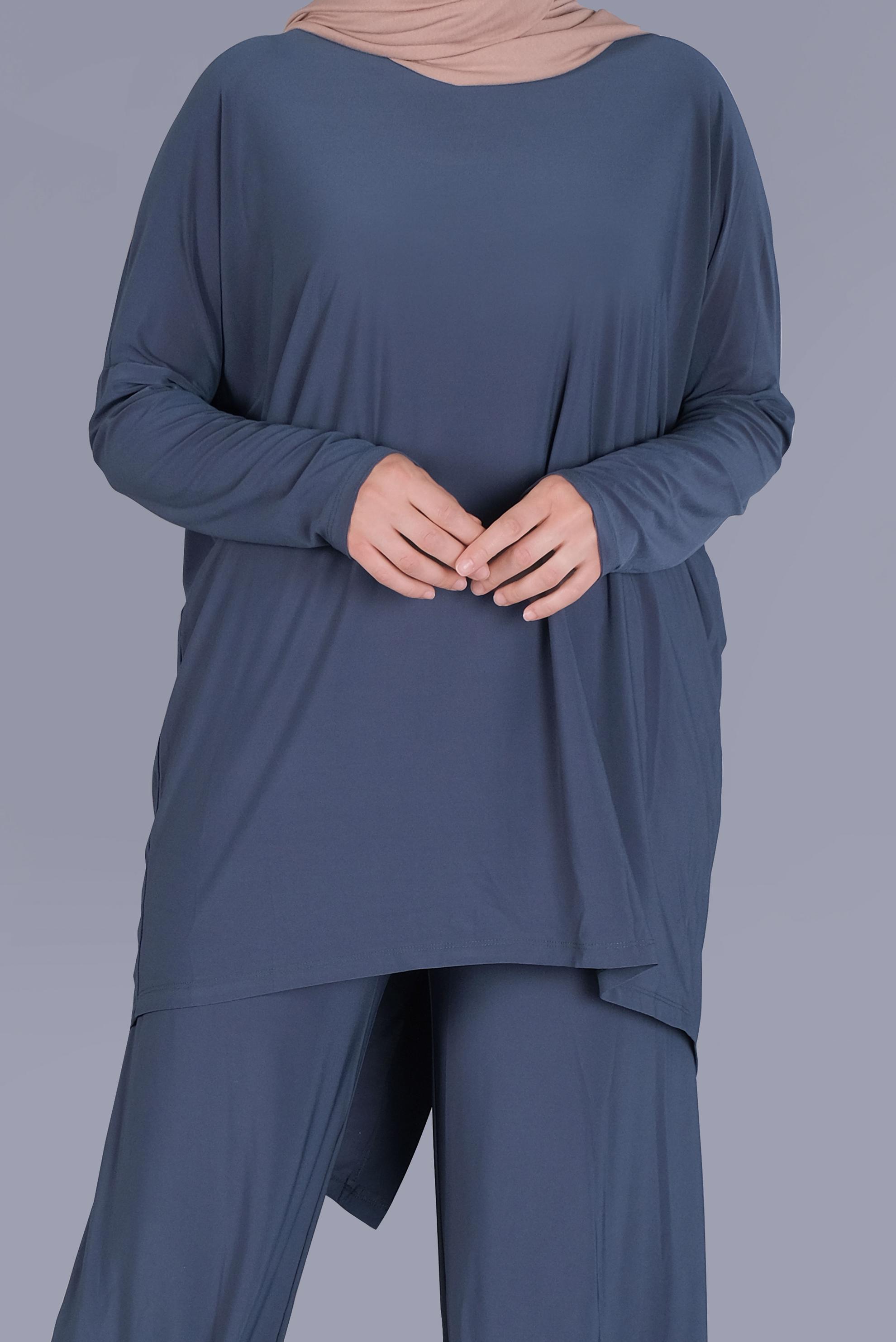 Tesettür giyim LACİVERT ASİMETRİK KESİM İKİLİ PANTOLONLU TAKIM 41402 