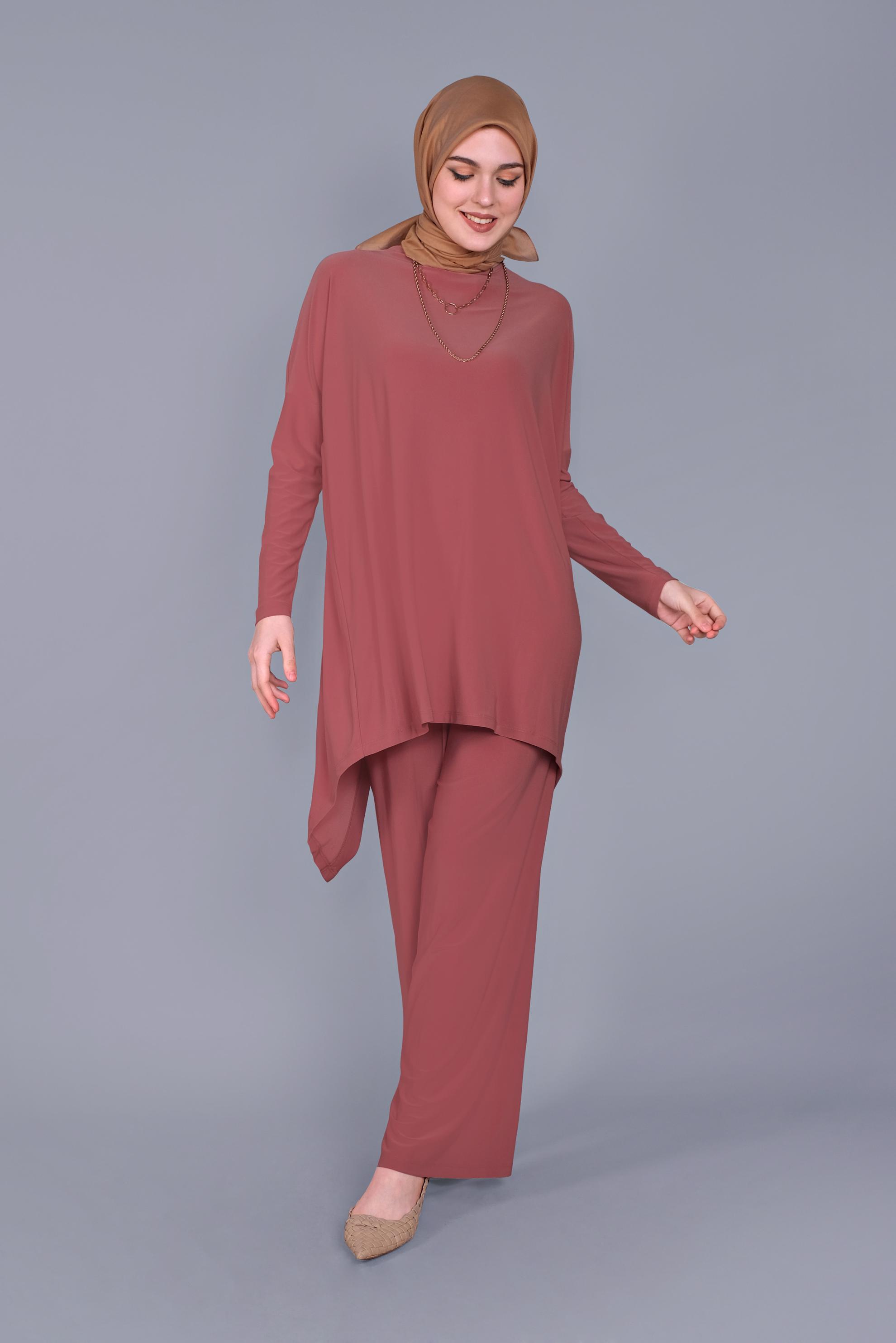 Tesettür giyim NARÇİÇEĞİ ASİMETRİK KESİM İKİLİ PANTOLONLU TAKIM 41402 