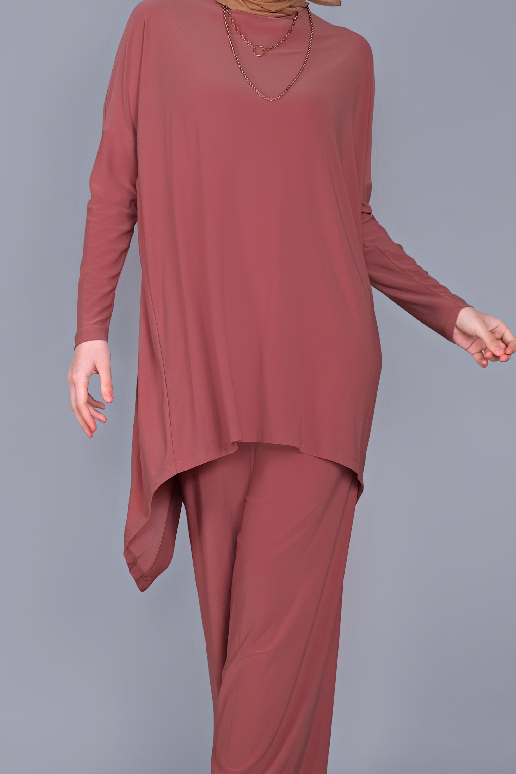 Tesettür giyim NARÇİÇEĞİ ASİMETRİK KESİM İKİLİ PANTOLONLU TAKIM 41402 