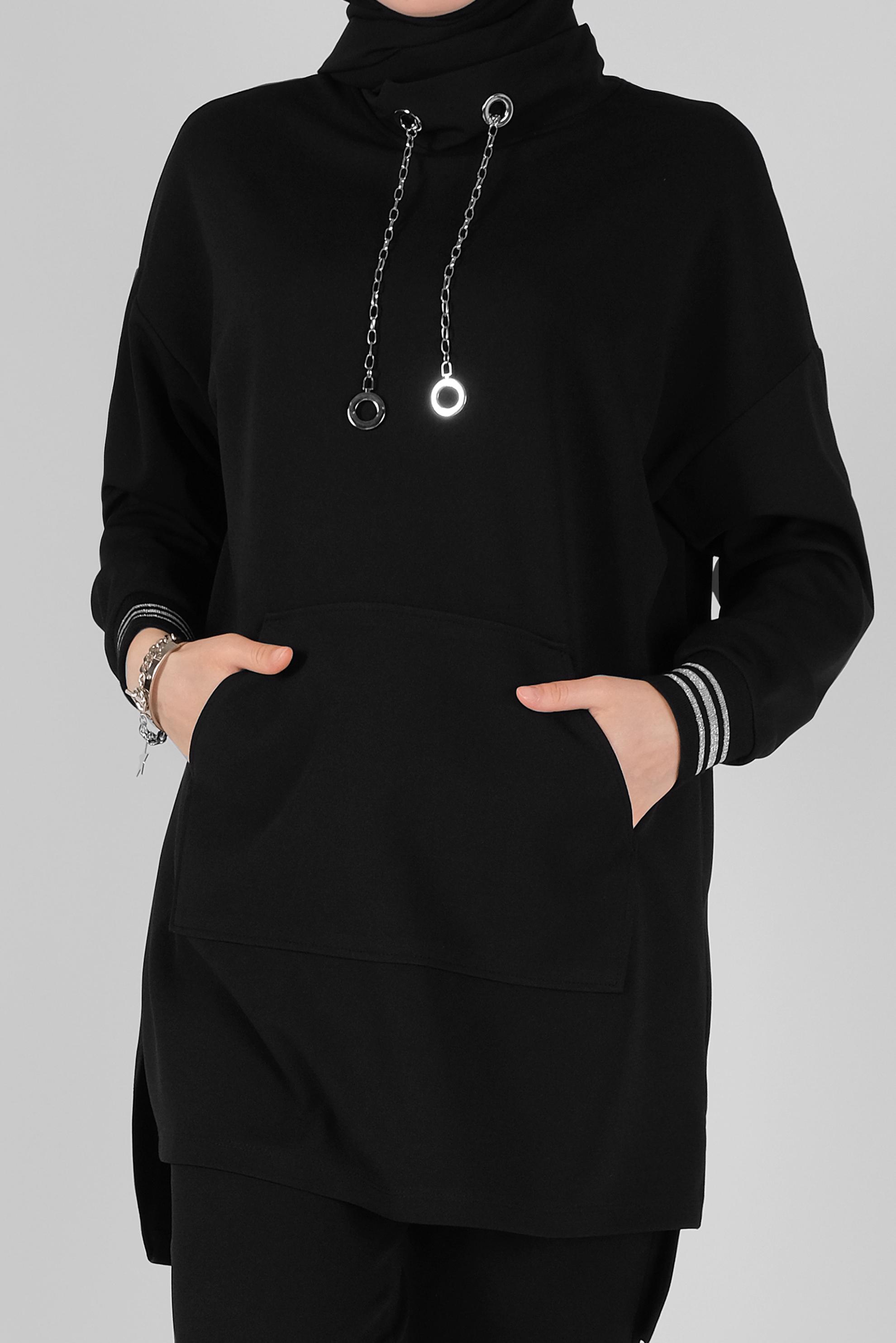 Tesettür giyim SİYAH KOL RİBANA DETAYLI ZİNCİR AKSESUARLI PANTOLONLU TAKIM 41411 