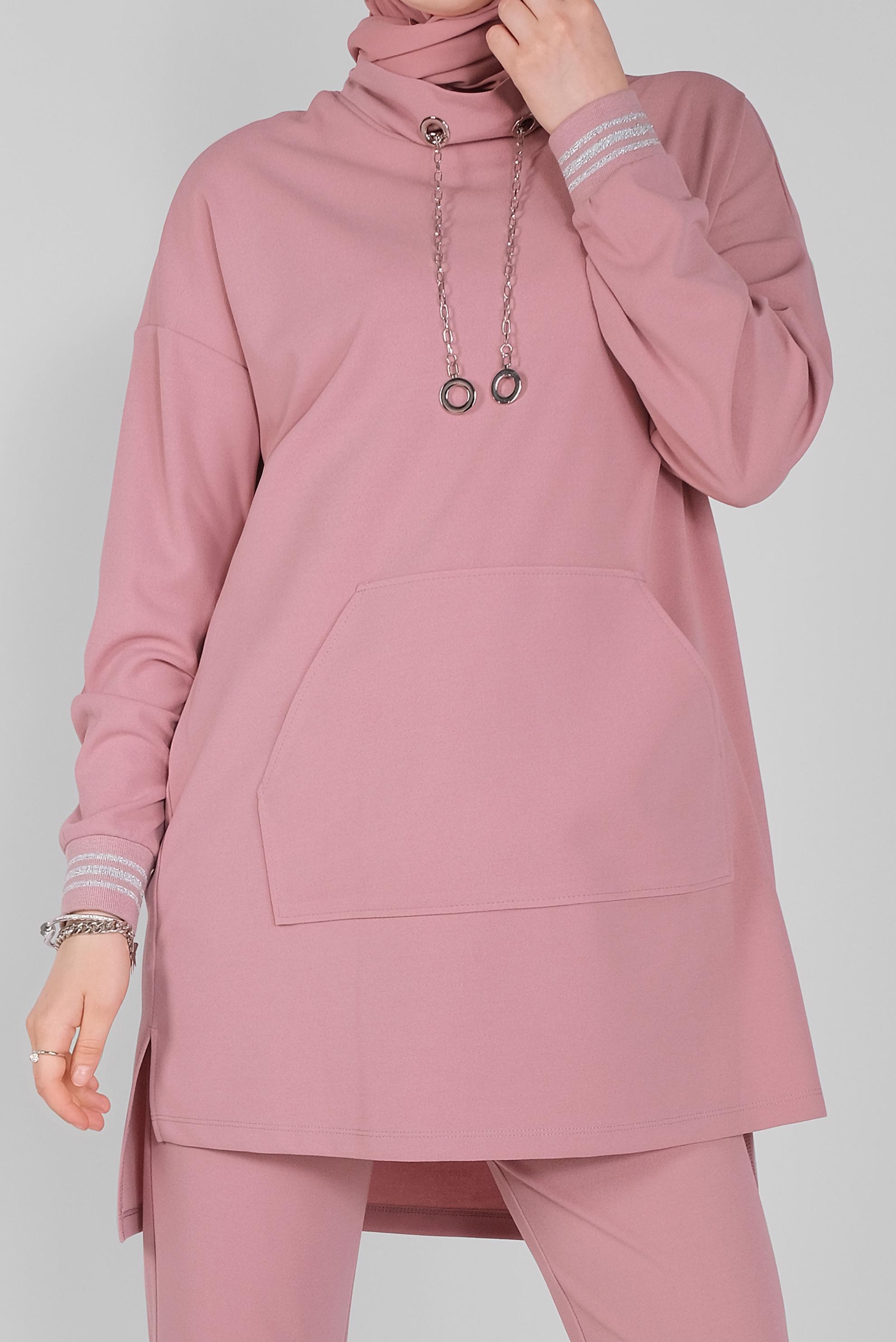 Tesettür giyim PUDRA KOL RİBANA DETAYLI ZİNCİR AKSESUARLI PANTOLONLU TAKIM 41411 