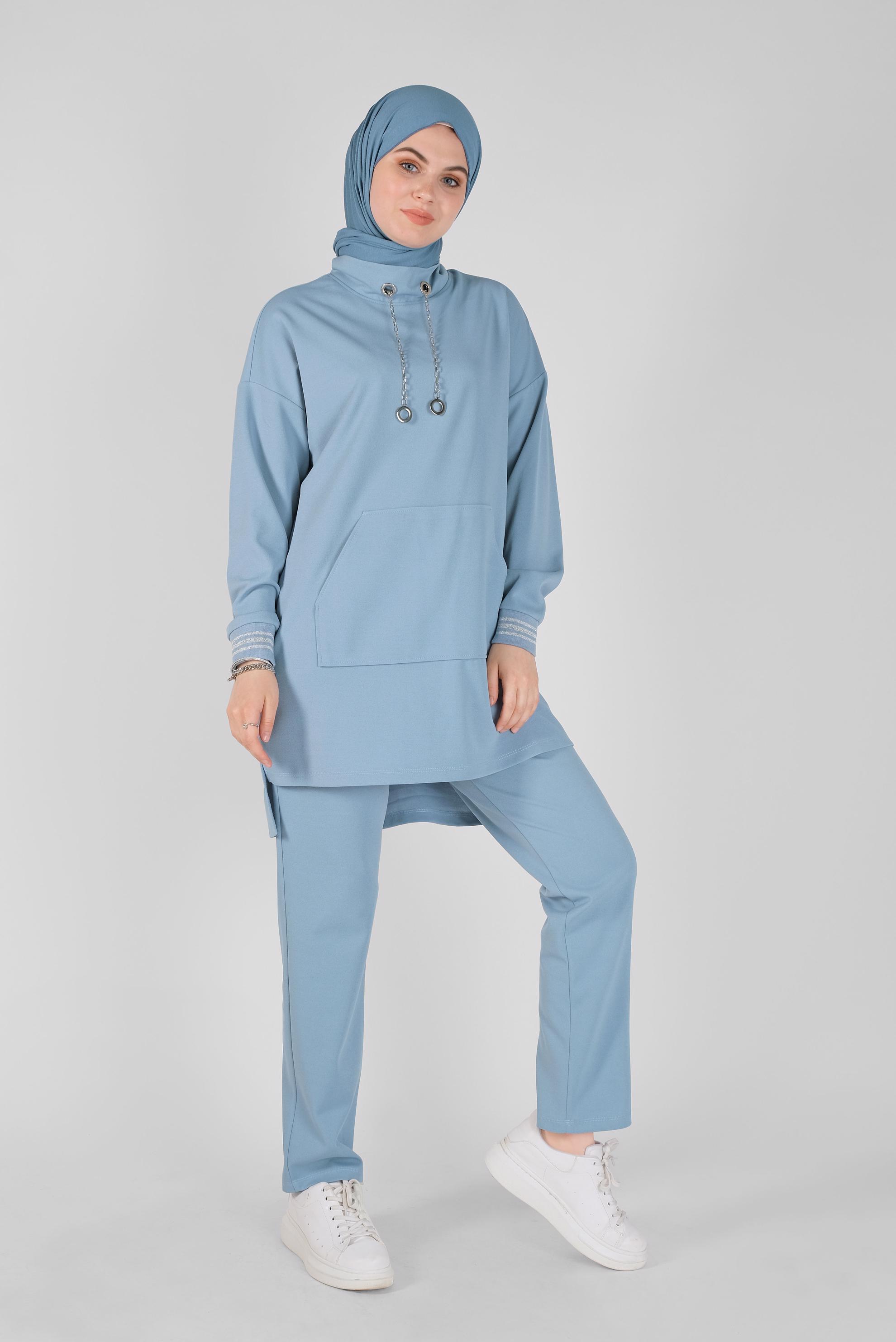 Tesettür giyim MAVİ KOL RİBANA DETAYLI ZİNCİR AKSESUARLI PANTOLONLU TAKIM 41411 