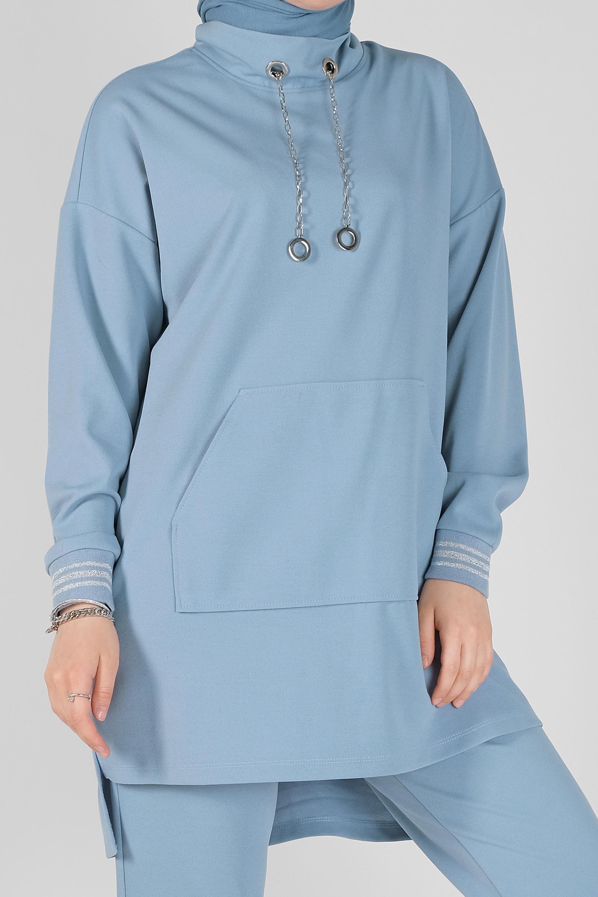 Tesettür giyim MAVİ KOL RİBANA DETAYLI ZİNCİR AKSESUARLI PANTOLONLU TAKIM 41411 