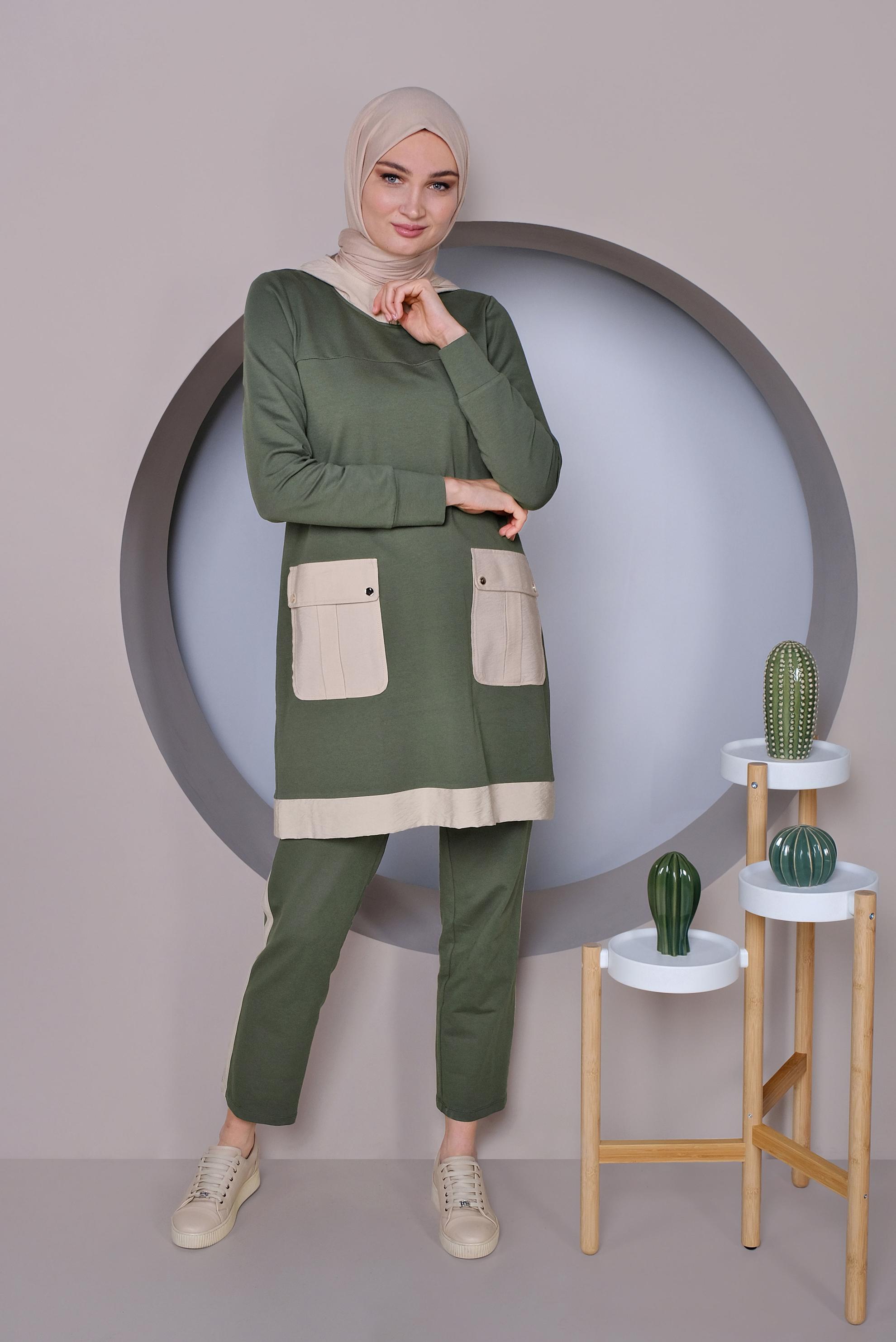 Tesettür giyim HAKİ CEP DETAYLI KAPÜŞONLU İKİLİ PANTOLONLU TAKIM 41417