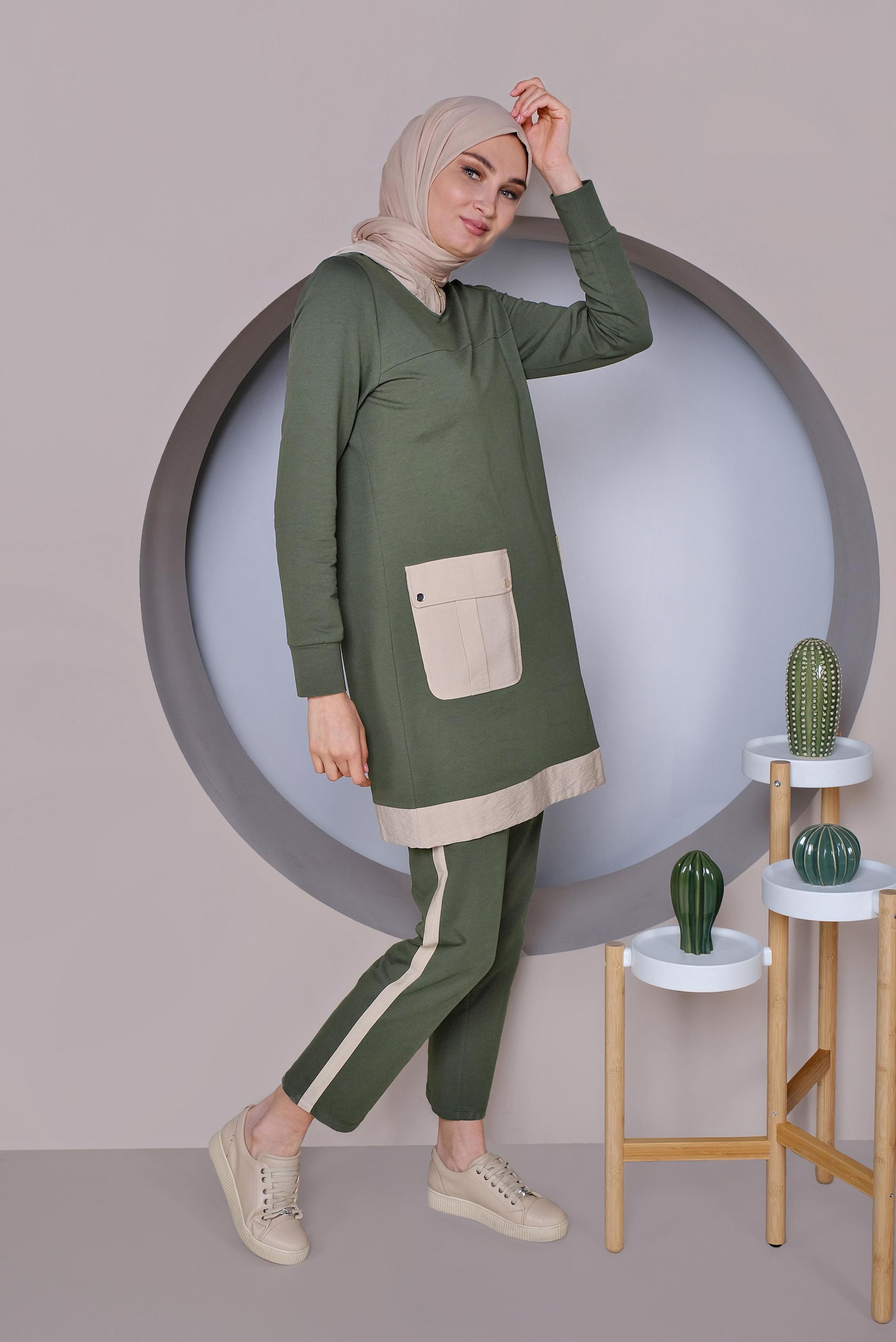 Tesettür giyim HAKİ CEP DETAYLI KAPÜŞONLU İKİLİ PANTOLONLU TAKIM 41417