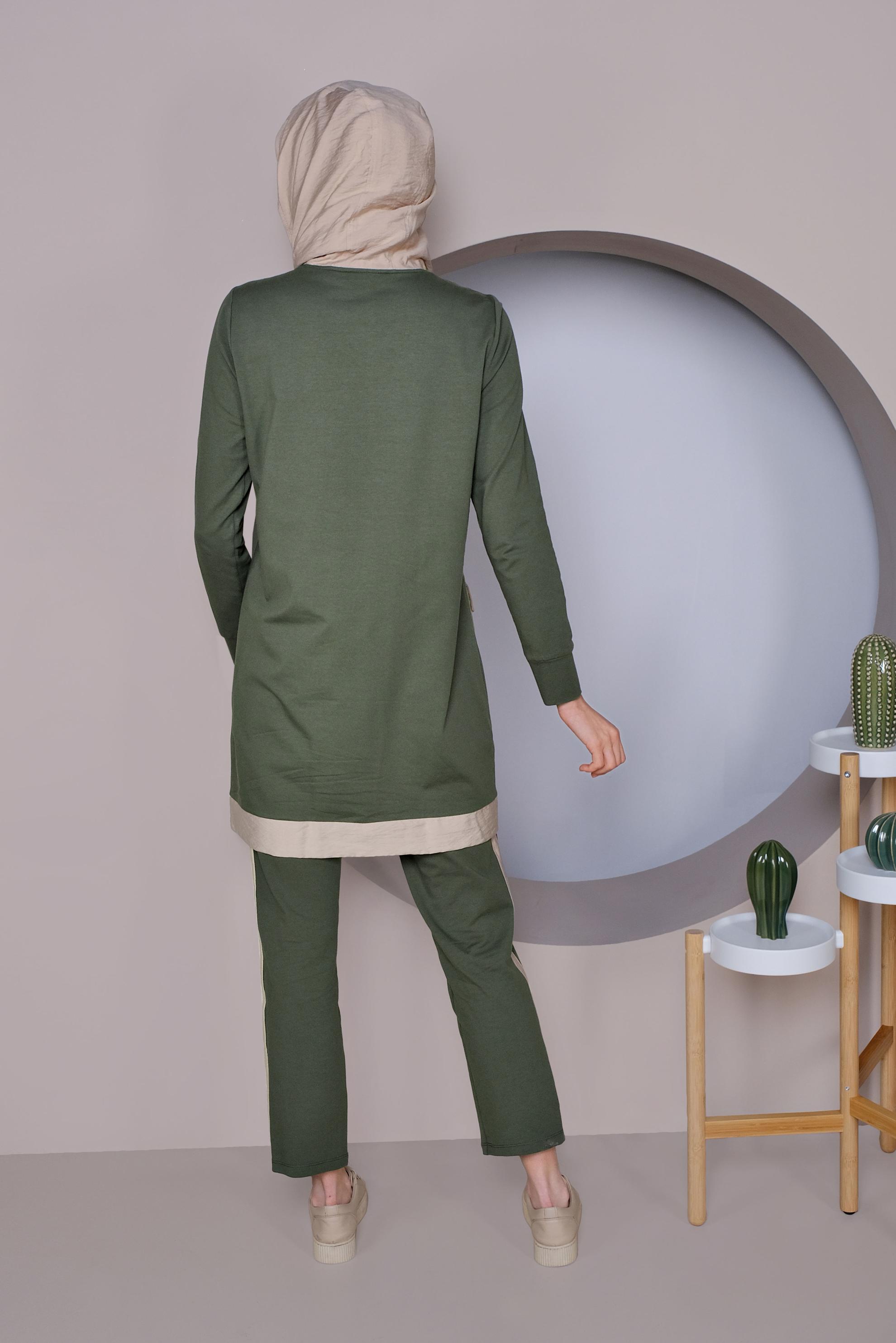 Tesettür giyim HAKİ CEP DETAYLI KAPÜŞONLU İKİLİ PANTOLONLU TAKIM 41417