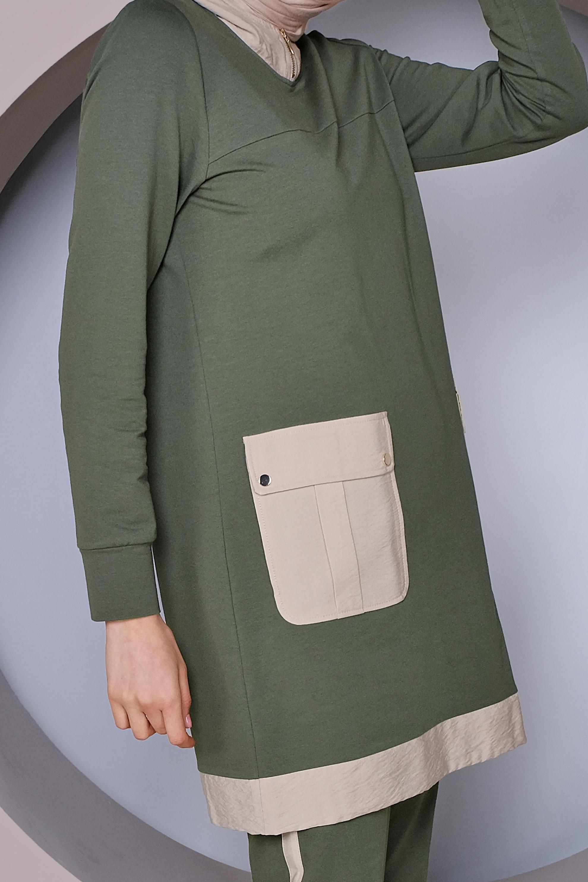 Tesettür giyim HAKİ CEP DETAYLI KAPÜŞONLU İKİLİ PANTOLONLU TAKIM 41417