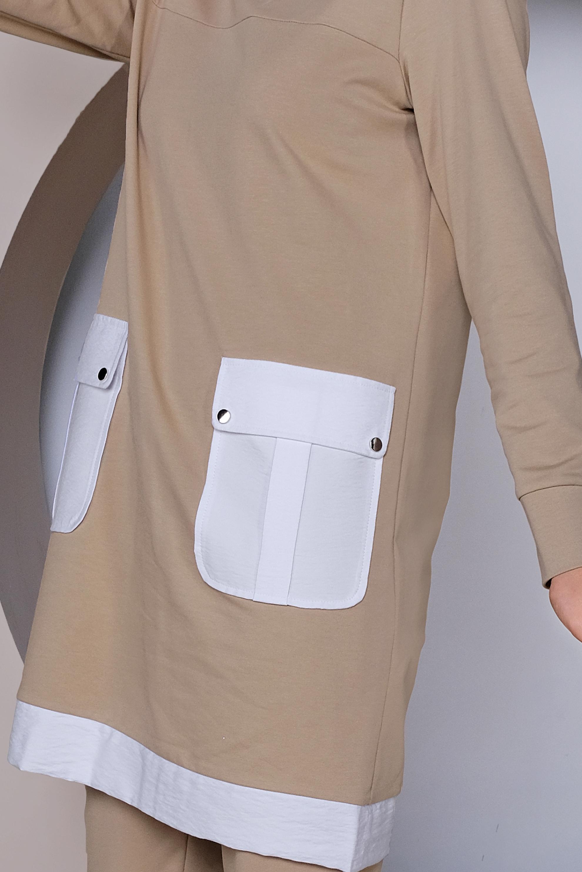 Tesettür giyim BEJ CEP DETAYLI KAPÜŞONLU İKİLİ PANTOLONLU TAKIM 41417