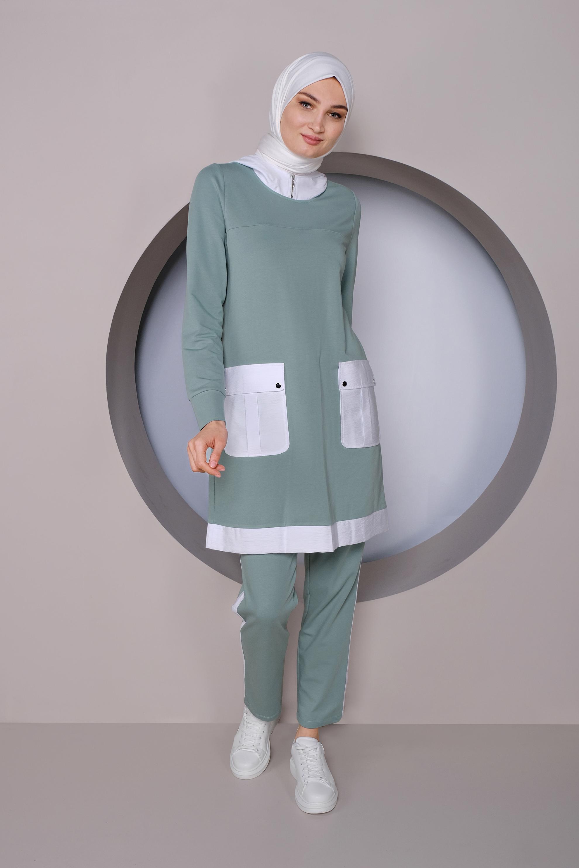 Tesettür giyim YEŞİL CEP DETAYLI KAPÜŞONLU İKİLİ PANTOLONLU TAKIM 41417