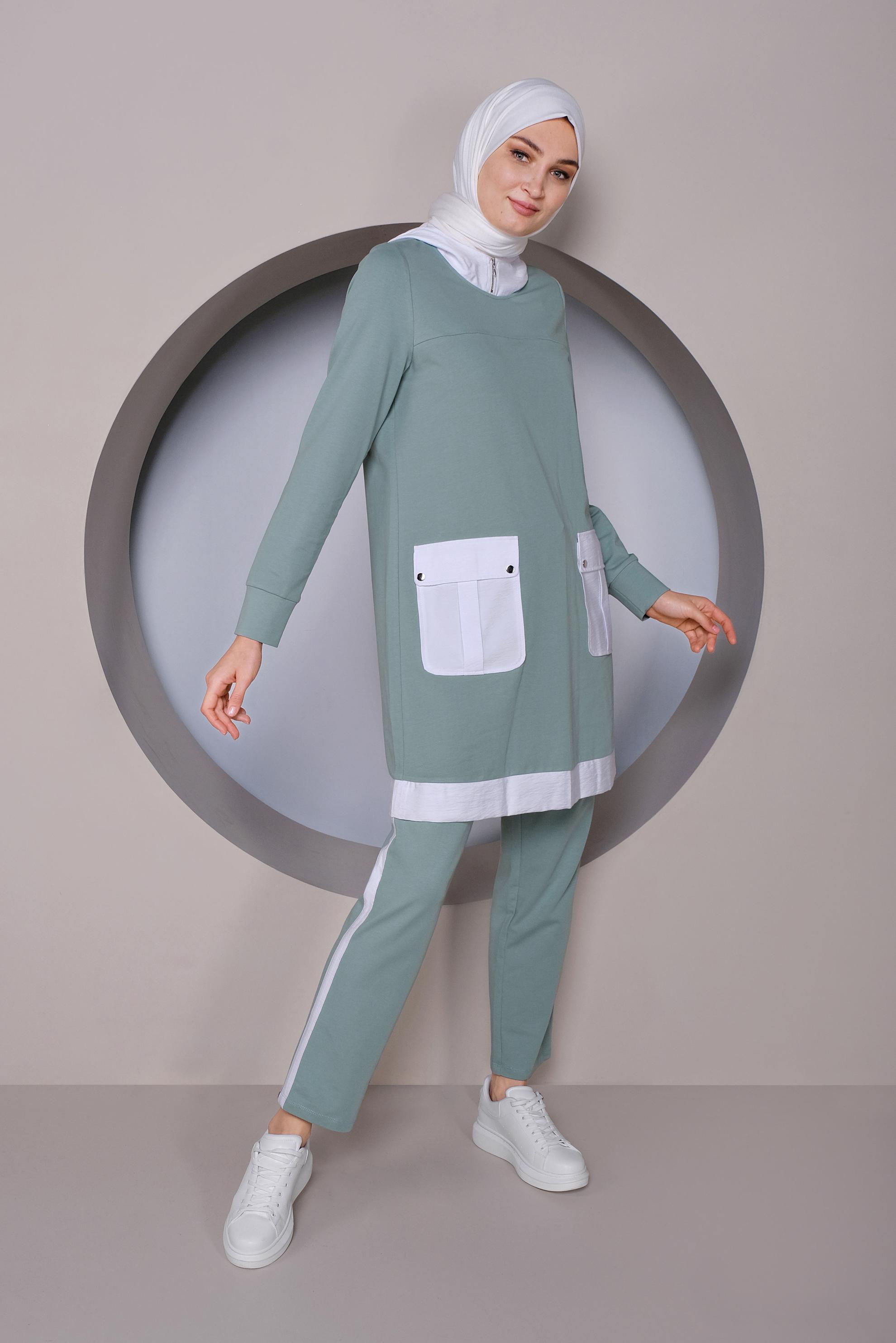 Tesettür giyim YEŞİL CEP DETAYLI KAPÜŞONLU İKİLİ PANTOLONLU TAKIM 41417